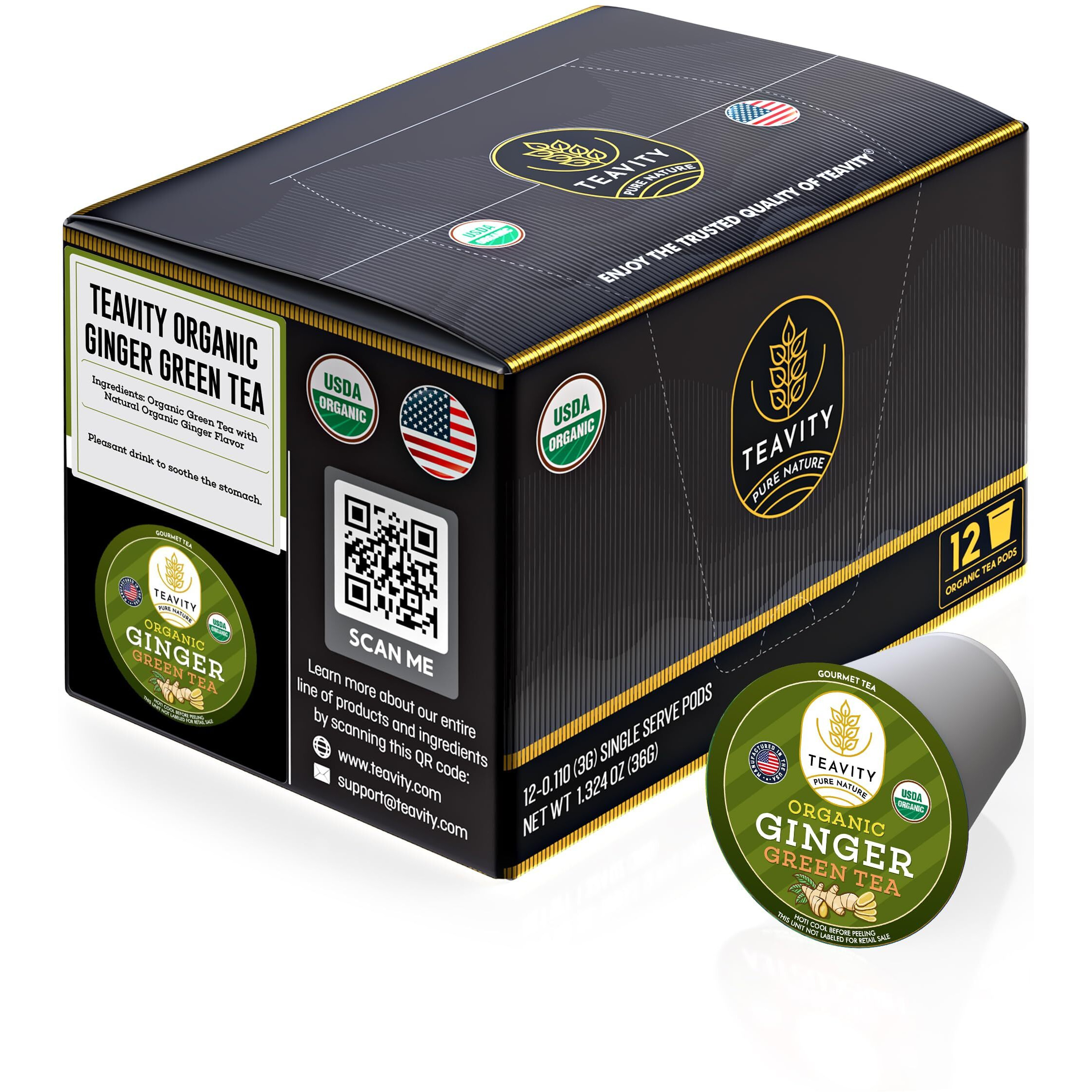 Organic Ginger Green Tea Pods For Keurig By Teavity (12 Tea Pods)
