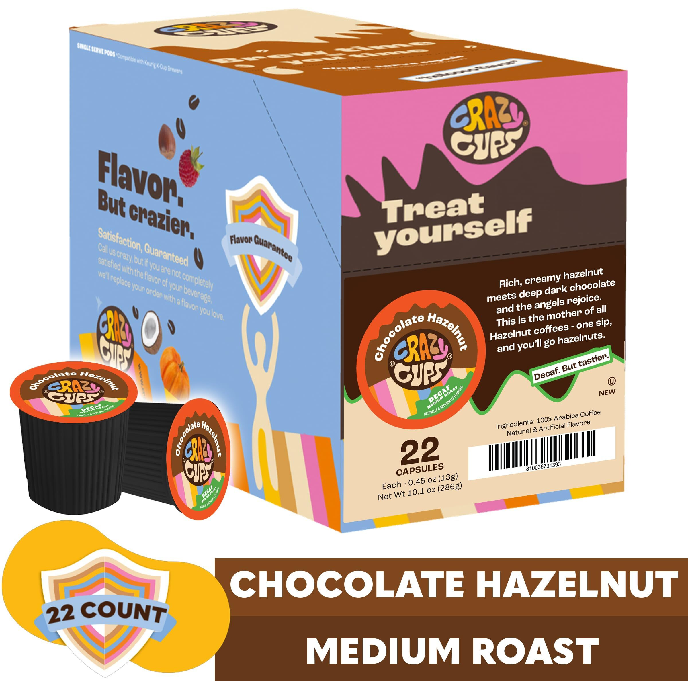 Crazy Cups Decaf Batter Then Hazelnut, Decaffeinated Hazelnut Flavored Coffee Pods, Single Serve Hot Or Iced Medium Roast Coffee For Keurig K Cups Machines, 22 Count