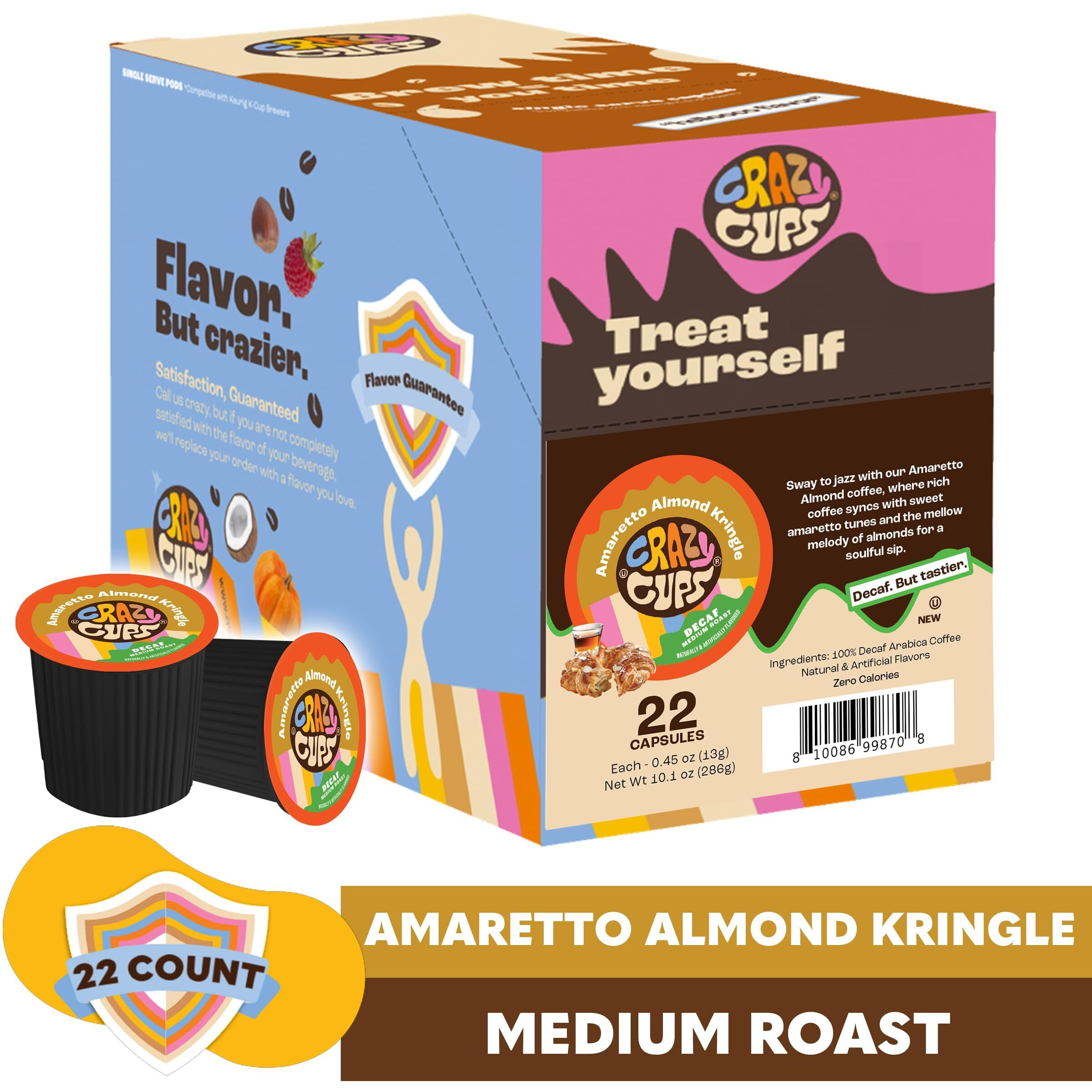 Crazy Cup Amaretto Decaf Coffee, Decaffeinated Amaretto Almond Kringle Coffee Pods For K Cup Keurig Machines, Brew Hot Or Iced, 22 Count