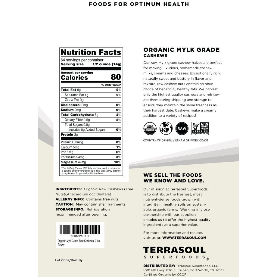 Terrasoul Superfoods Organic Raw Cashews (Mylk Grade), 2 Lbs, Premium Quality For Snacking, Desserts, Cashew Milk And Nut Butter Making