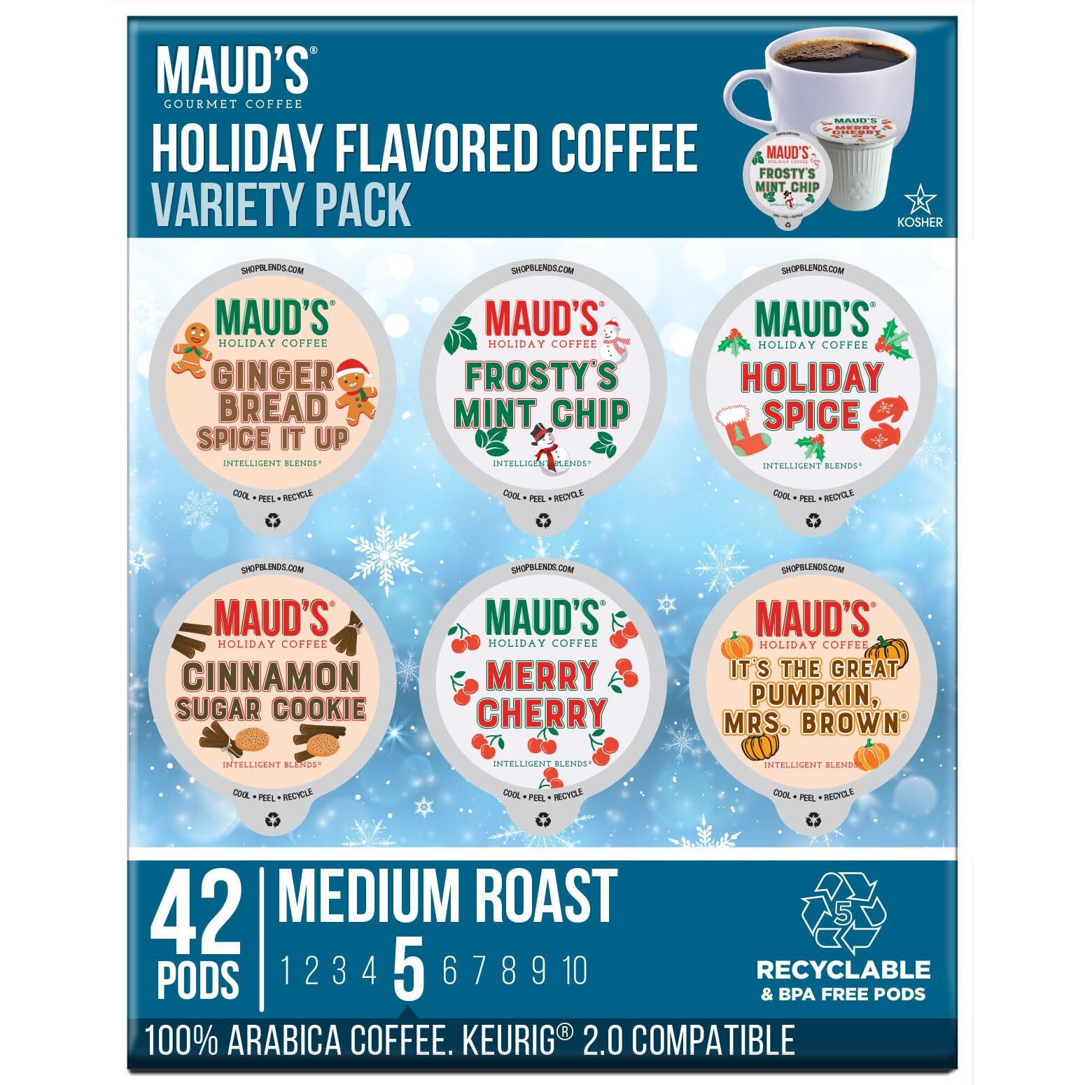 Maud's Holiday Flavored Coffee Pods Variety Pack, 42 Ct | 6 Assorted Blends | 100% Arabica Flavored Coffee | Solar Energy Produced Recyclable Single Serve Pods Compatible With Keurig K-Cup Brewers