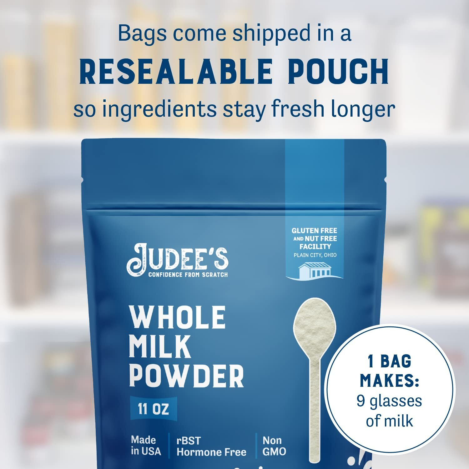 Judee's Pure Whole Milk Powder - 100% Non-Gmo, Rbst Hormone-Free, Gluten-Free And Nut-Free - Pantry Staple, Baking Ready, Great For Travel, Easy To Store And Shelf Stable - Made In Usa - 11Oz