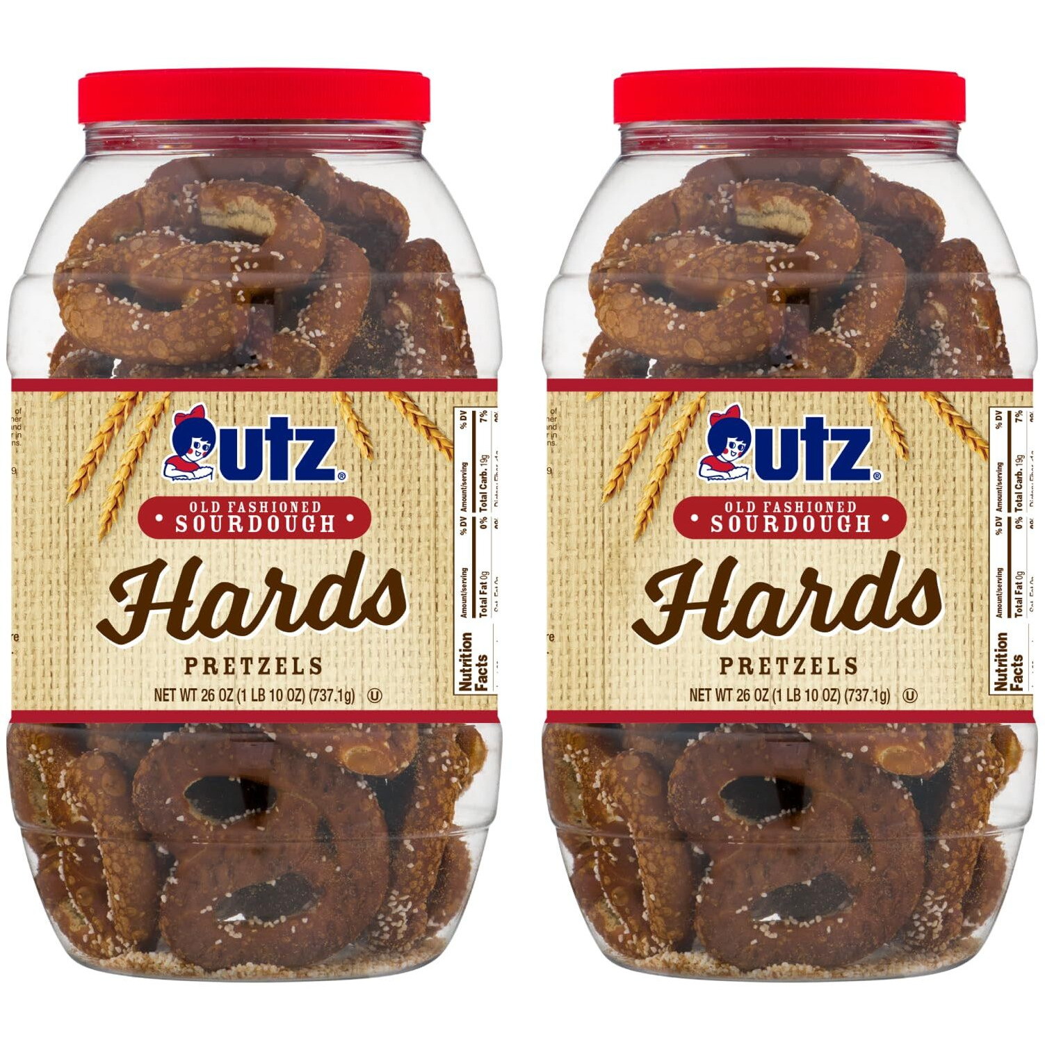 Utz Old Fashioned Sourdough Hard Pretzels - 26 Oz Barrel (2 Count) - Big And Thick Classic Pretzel Twists, Crunchy Sourdough Pretzel With Zero Cholesterol, Brown