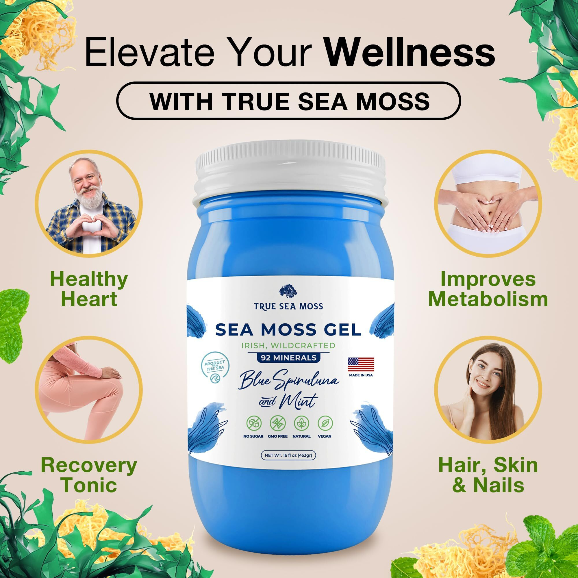 Trueseamoss Wildcrafted Irish Sea Moss Gel - Made With Dried Seaweed & Fresh Sea Vegetables, Seamoss - Made In Usa (Blue Spirulina, Pack Of 1)