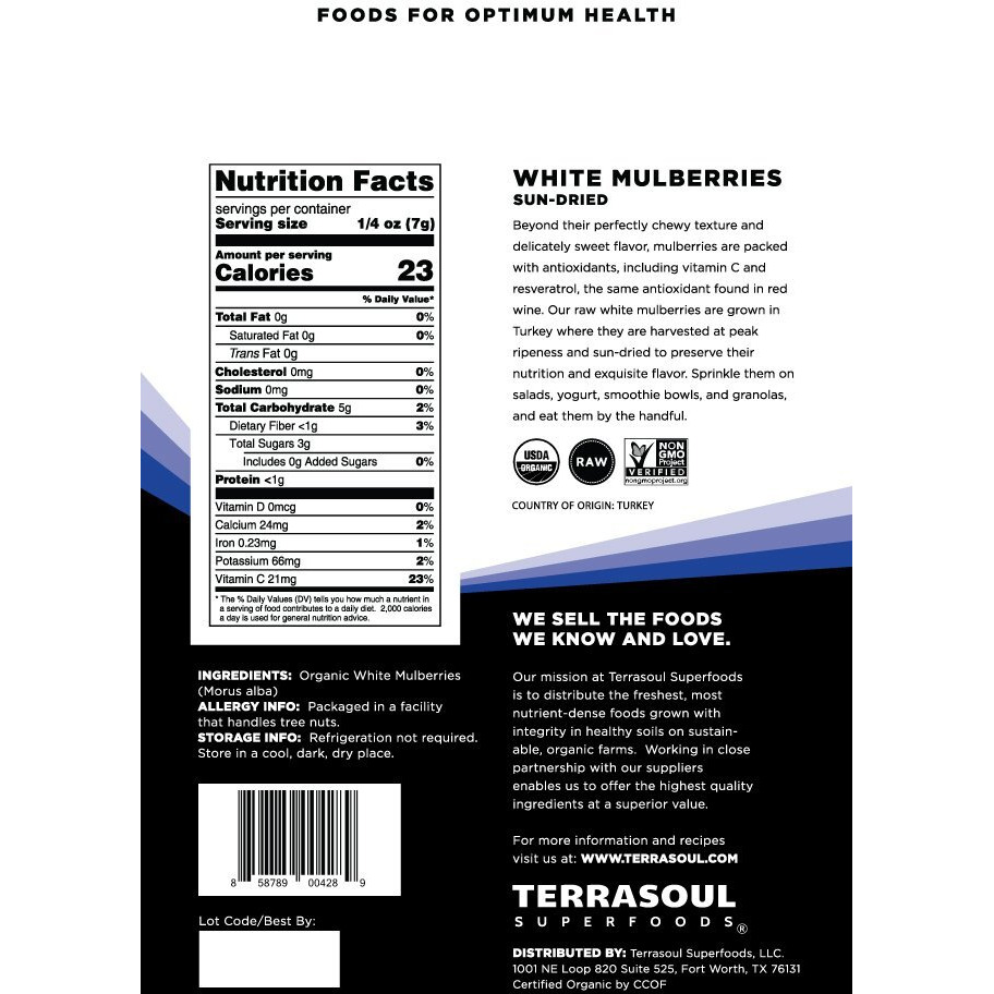 Terrasoul Superfoods Organic Sun-Dried White Mulberries, 2 Lbs (Pack Of 2), Sweet Superfood Snacking, Smoothie Booster, And Nutrient-Packed Yogurt Topping