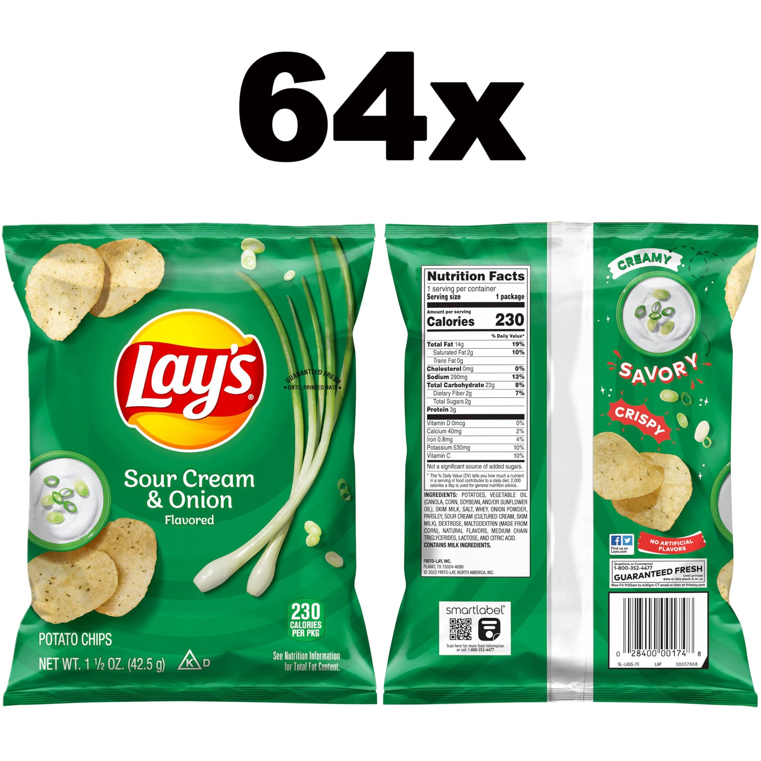 Lay's Potato Chips, Sour Cream & Onion, 1.5 Ounce (Pack Of 64)