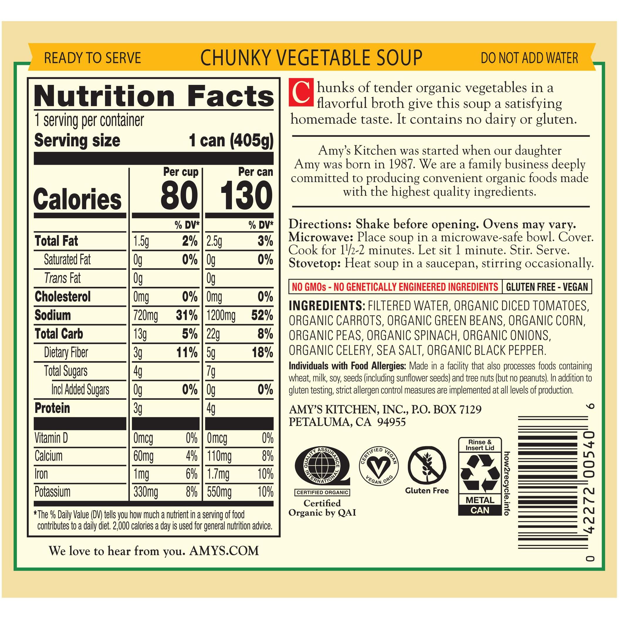 Amys Soup, Vegan Chunky Vegetable Soup, Gluten Free, Made With Organic Vegetables, Canned Soup, 14.3 Oz (12 Pack)