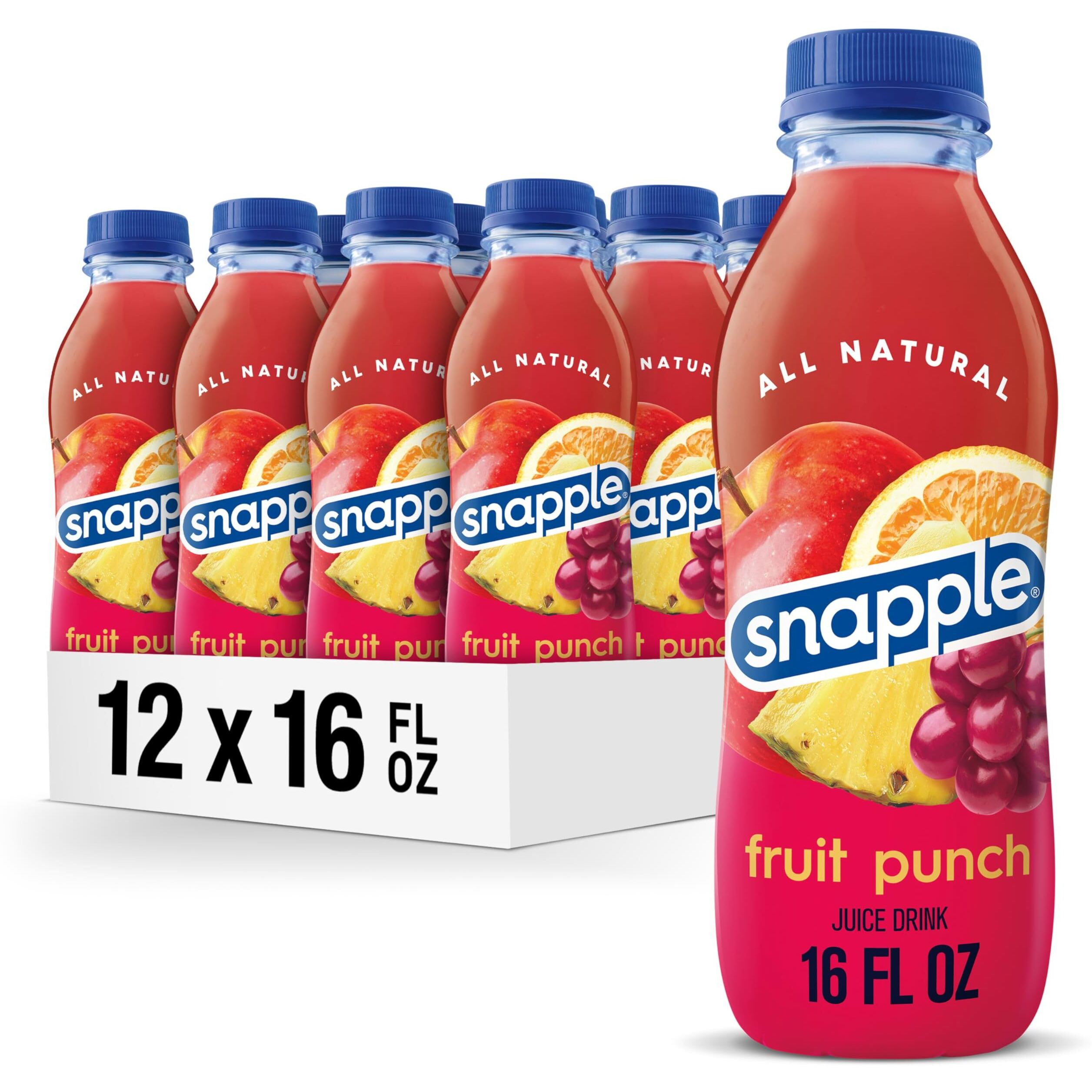 Snapple Fruit Punch Juice Drink, 16 Fl Oz Recycled Plastic Bottle, Pack Of 12