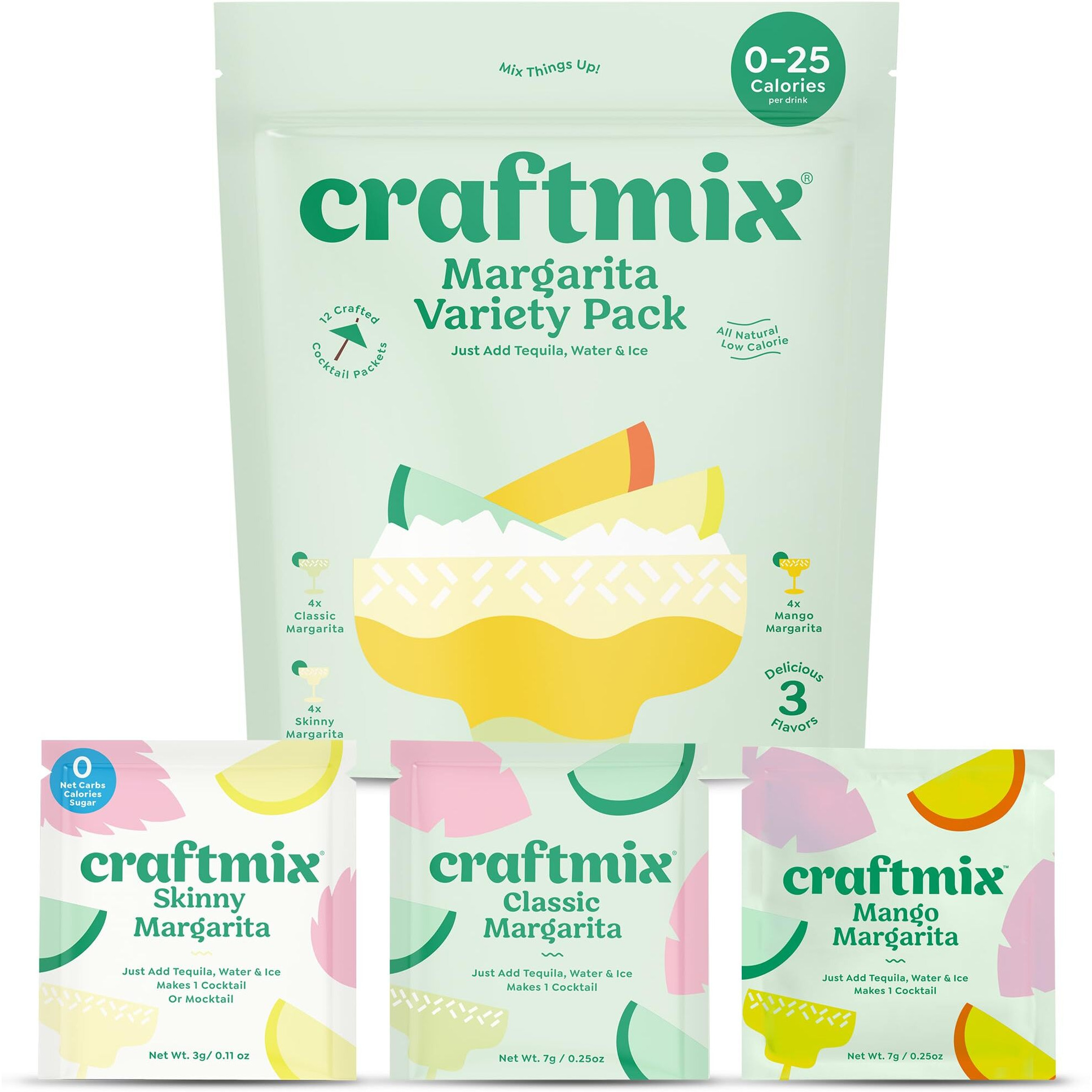 Craftmix Margarita Variety Pack, Makes 12 Drinks, Skinny Cocktail Mixers, Instant Mix Mocktail Kit, Real Fruit, Vegan Low Carb Non-Gmo, Dairy Free, Gluten Free, Easy To Mix