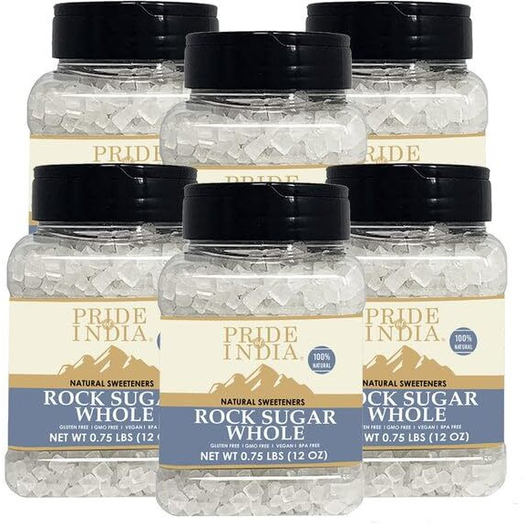 Pack Of 6 - Pride Of India - Natural Crystal Rock Sugar Whole - 12 Oz (340 Gm) Medium Dual Sifter Jar - Authentic Indian Sugar Crystals - Used To Sweeten Milk Or Tea - Offers Best Value For Money