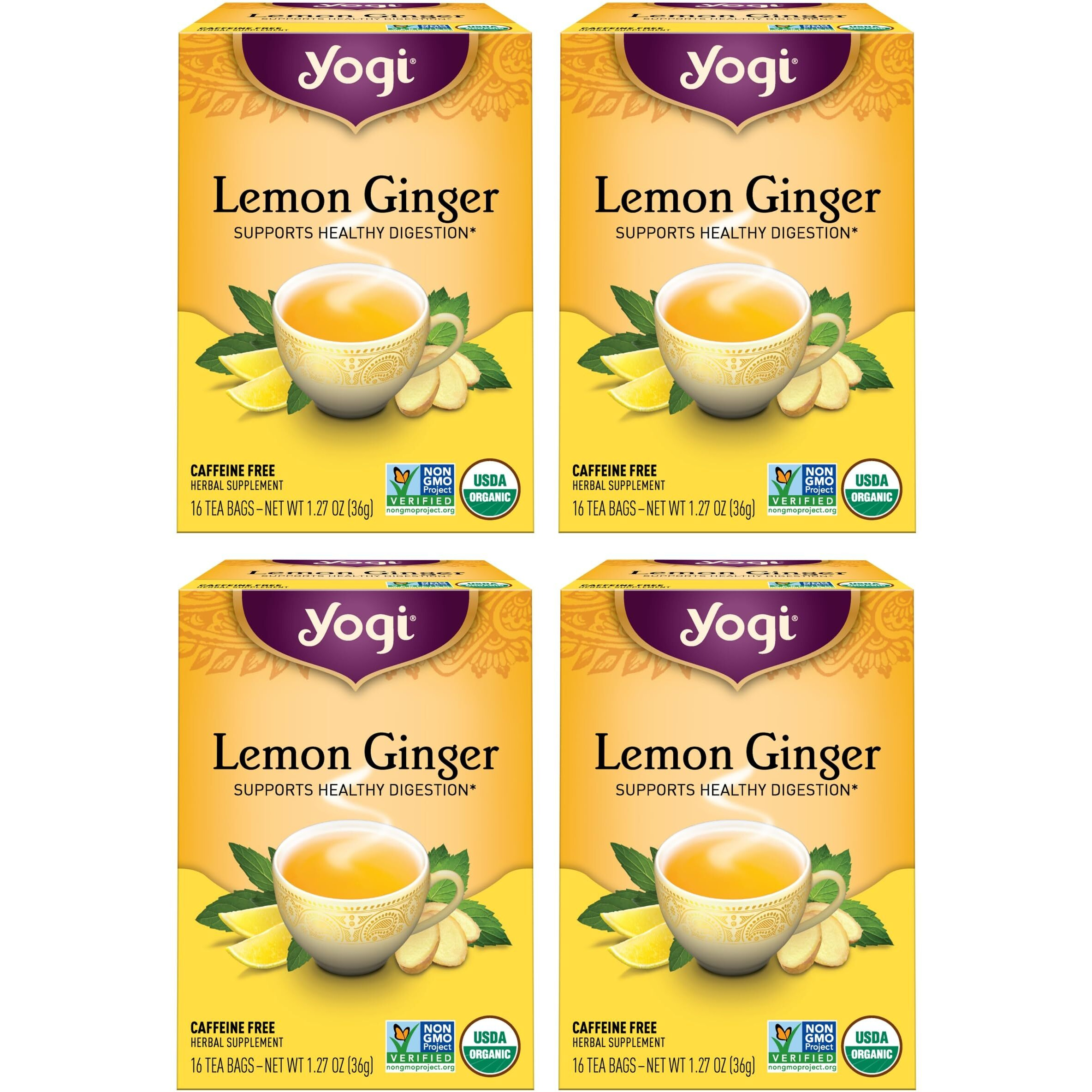Yogi Tea Lemon Ginger Tea - 16 Tea Bags Per Pack (4 Packs) - Organic Ginger Root Tea To Support Healthy Digestion - Includes Lemongrass, Lemon Flavor, Licorice Root, Lemon Peel & More