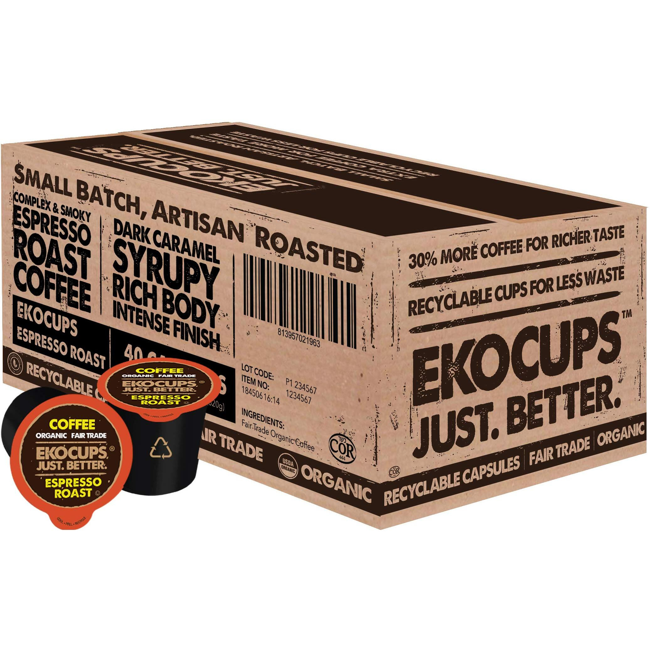 Ekocups Organic Espresso Roast Coffee Pods, Extra 30% More Coffee Per Cup, Artisan Fair Trade Dark Roast, Espresso Coffee For Keurig K Cup Machines, Recyclable Pods, 40 Count