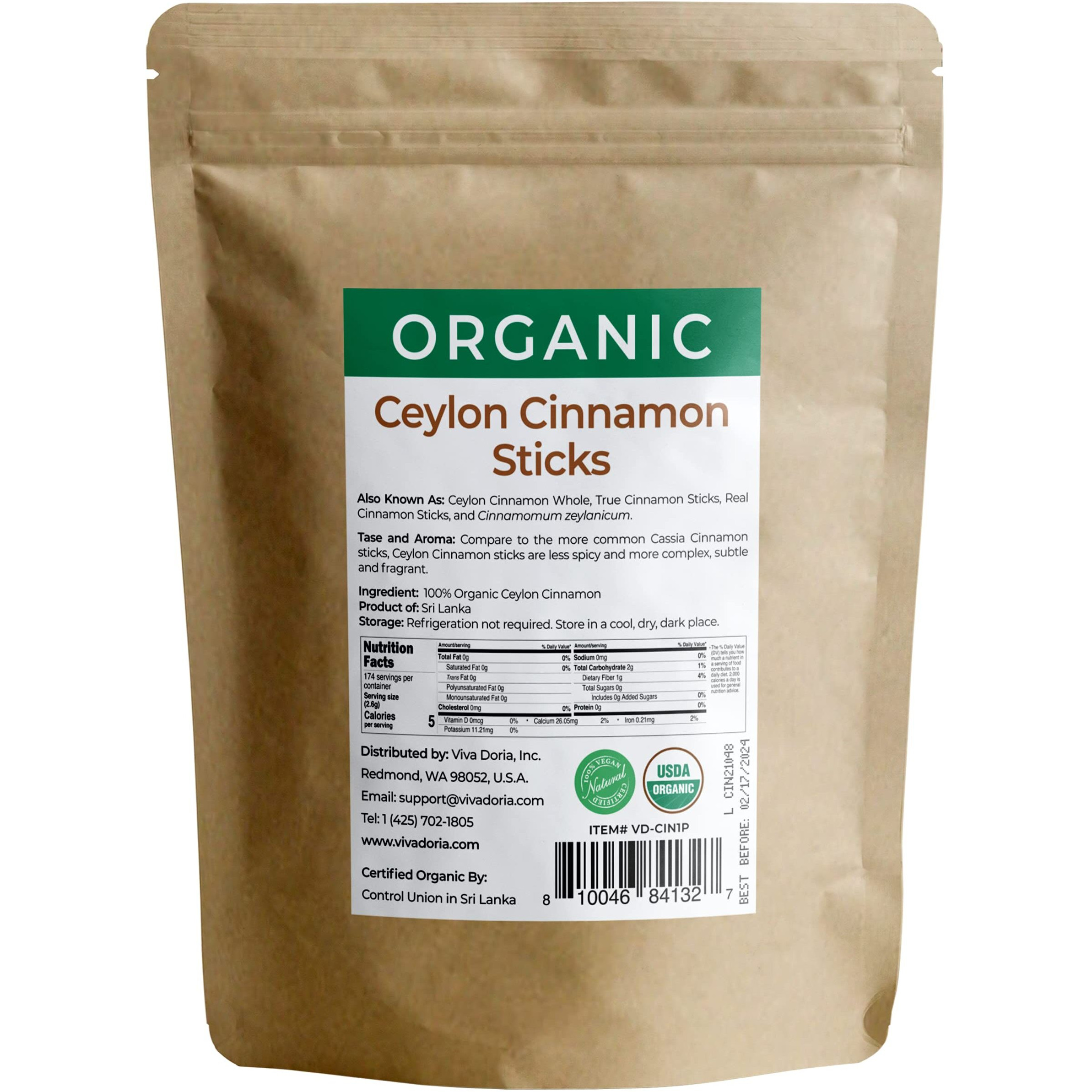 Viva Doria Organic Ceylon Cinnamon Sticks, 5'' Cut, Alba Grade, True Cinnamon, 16 Oz, | 70-75 Sticks | 100% Raw From Sri Lanka