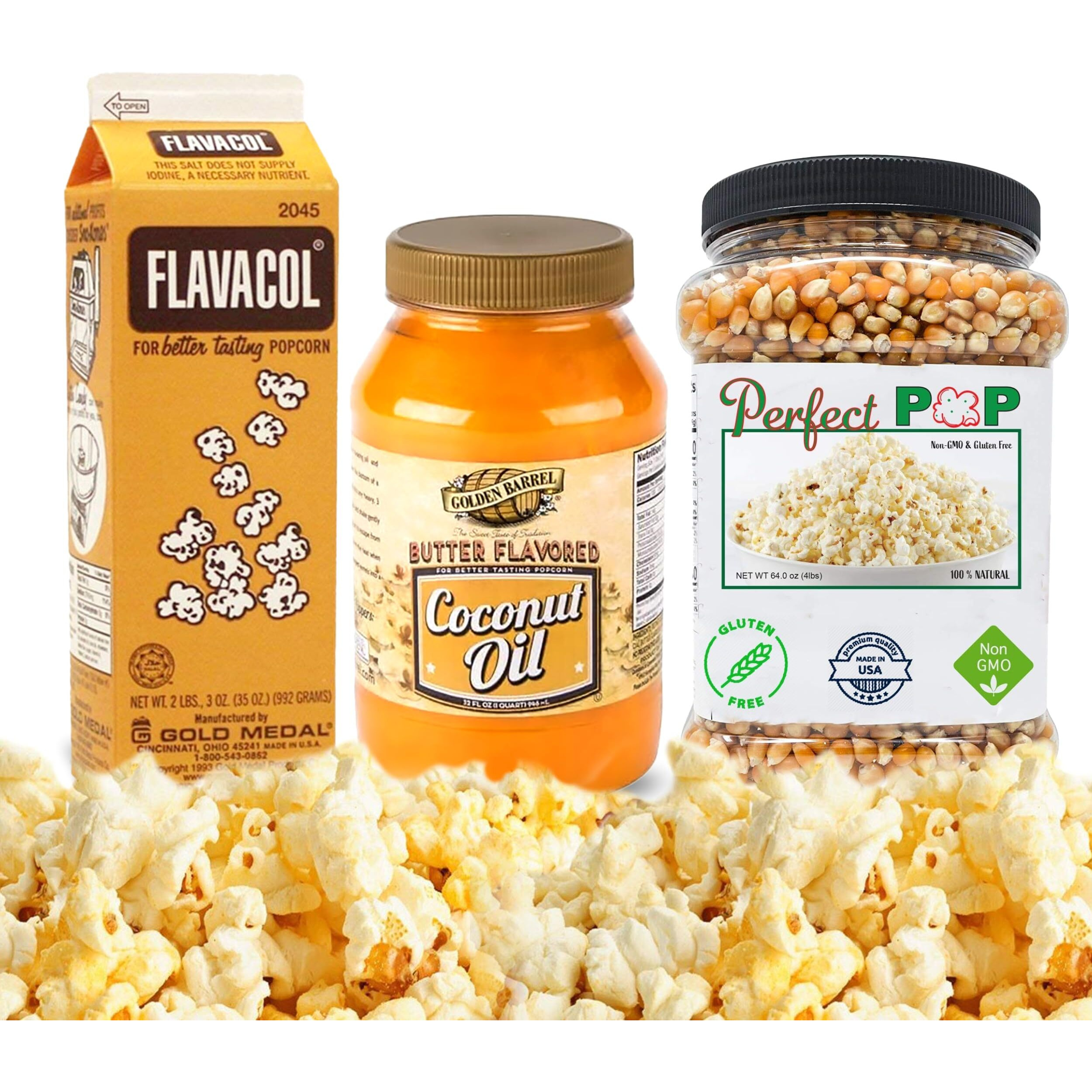Perfectware Popcorn Kit- (Includes 35Oz Popcorn Season Salt, 4Lbs Yellow Kernels, And 32Oz Butter Flavored Coconut Oil, Plain,Pw-Popcorn Kit-3