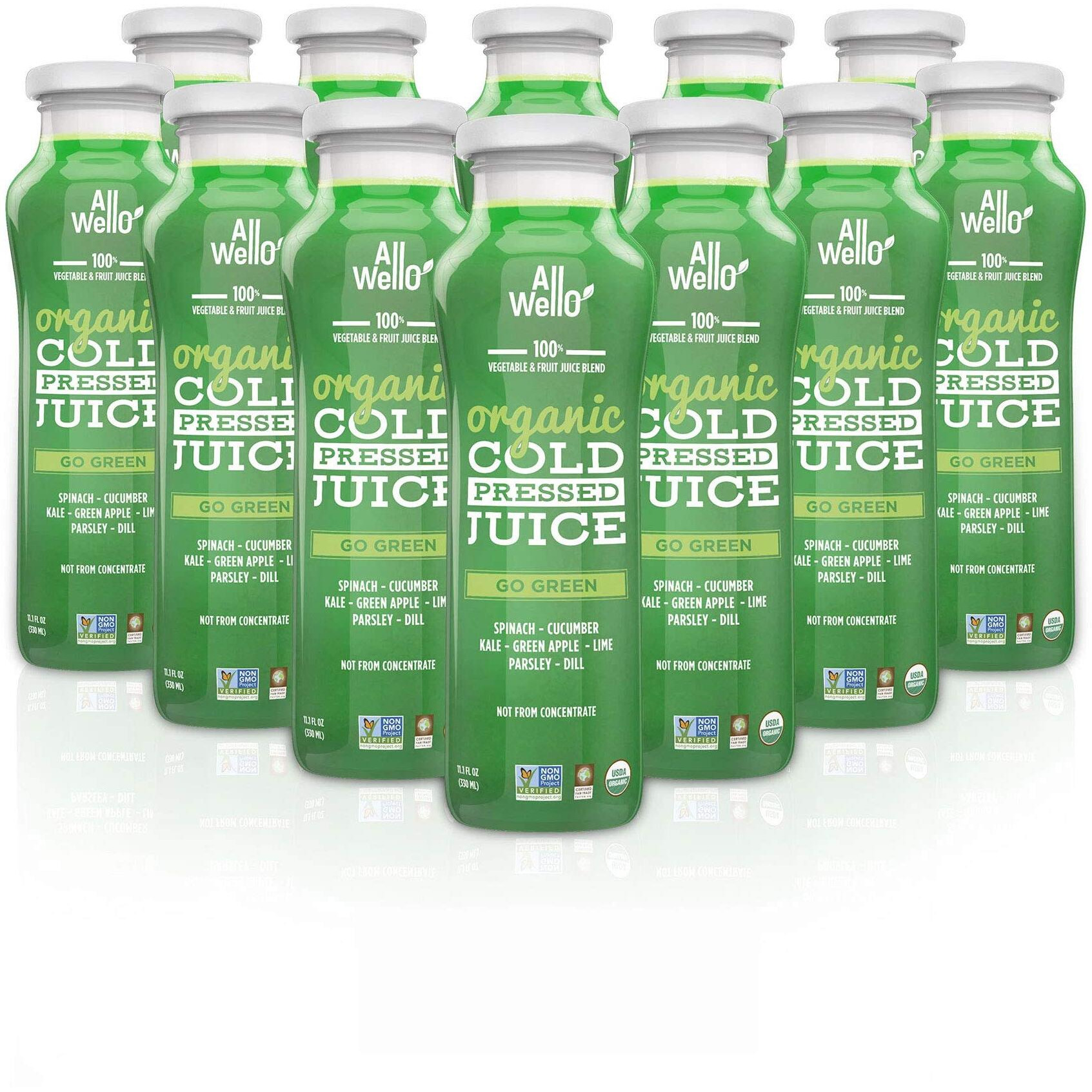 Allwello Organic Cold Pressed Juice Drinks With Real Fruits And Vegetables Gluten Free Non-Gmo Healthy Juices No Preservatives No Sugar Added (Go Green, 12 Pack)