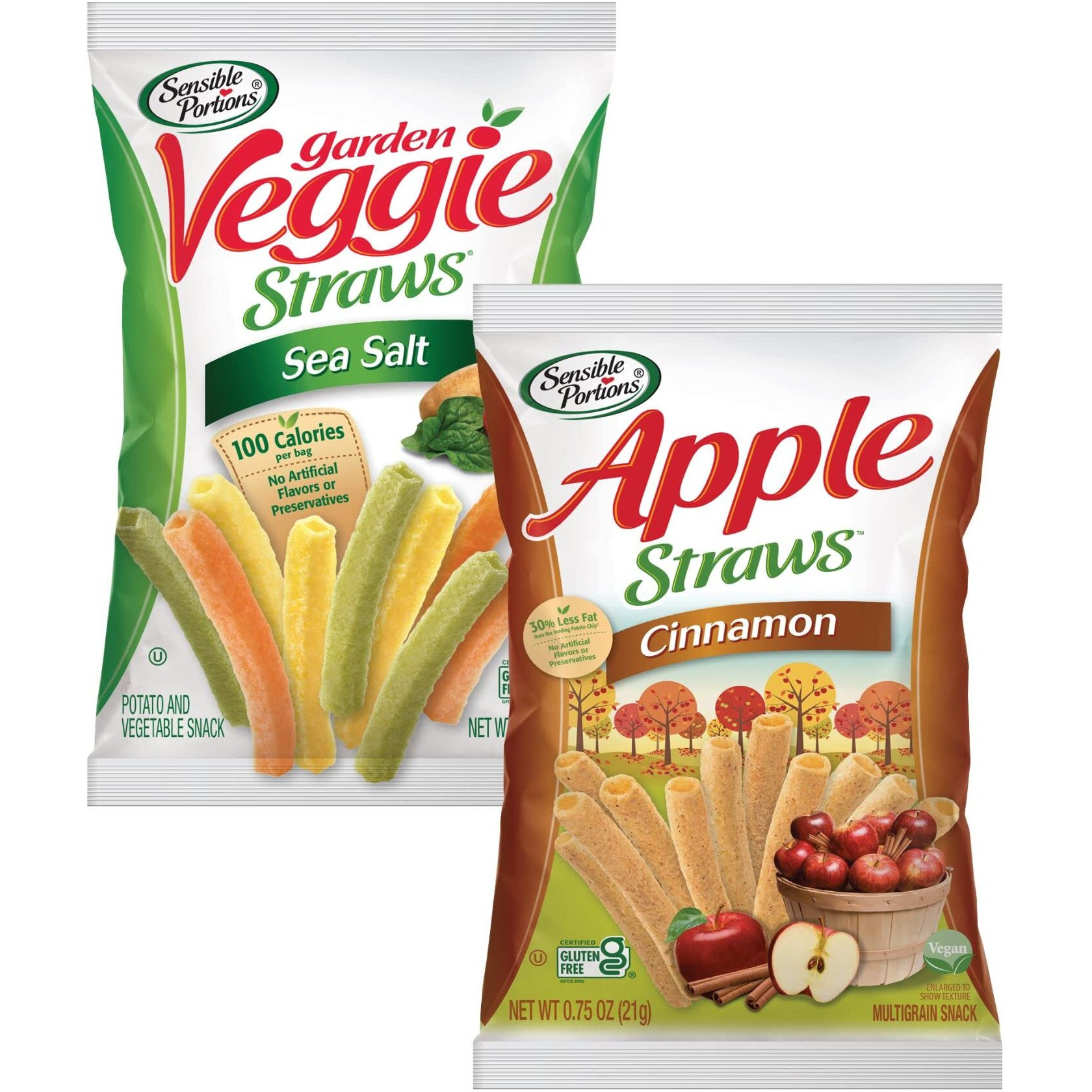 Sensible Portions Sweet & Salty Straws Variety Pack, Apple Straws And Sea Salt Veggie Straws, 0.75 Oz Bag (Pack Of 24)