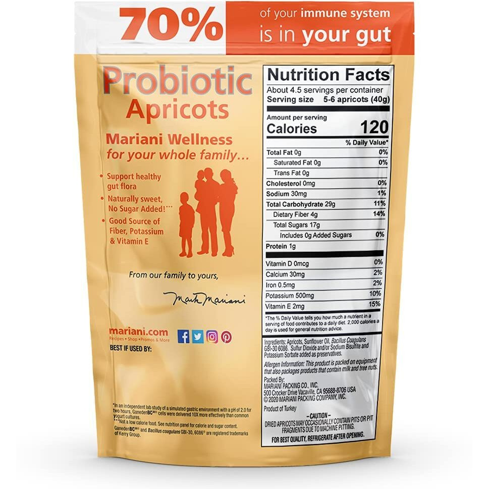 Mariani Probiotic Dried Apricots, Gluten Free, Vegan, No Preservatives - Healthy Snack For Kids & Adults, 6Oz