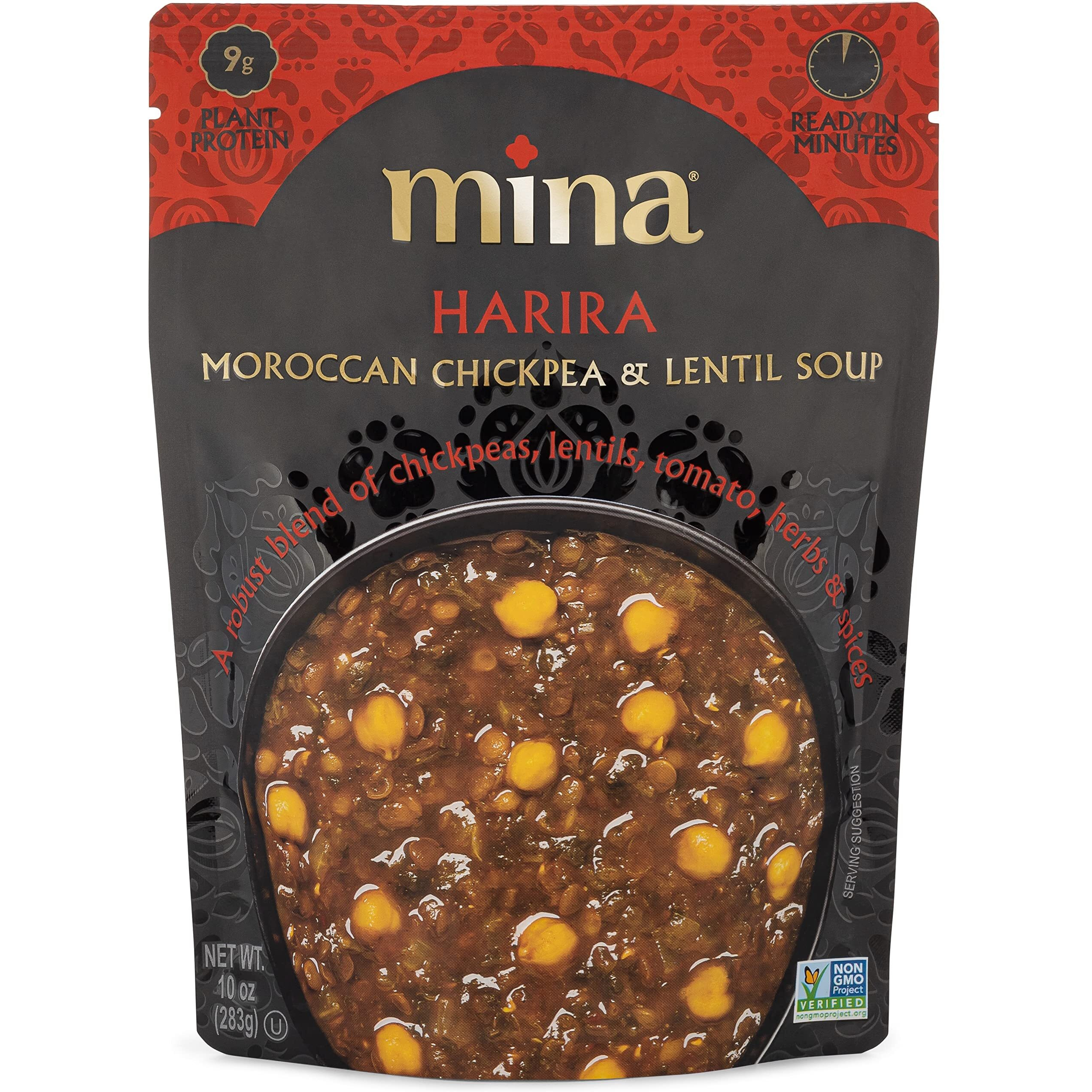 Mina Harira, Moroccan Chickpea & Lentil Soup, Ready To Eat Meals,10 Oz Gluten Free Soup, High In Plant Based Protein, Microwavable Soup, Vegan, Non-Gmo, Packaged Meals & Side Dishes (Pack Of 6)