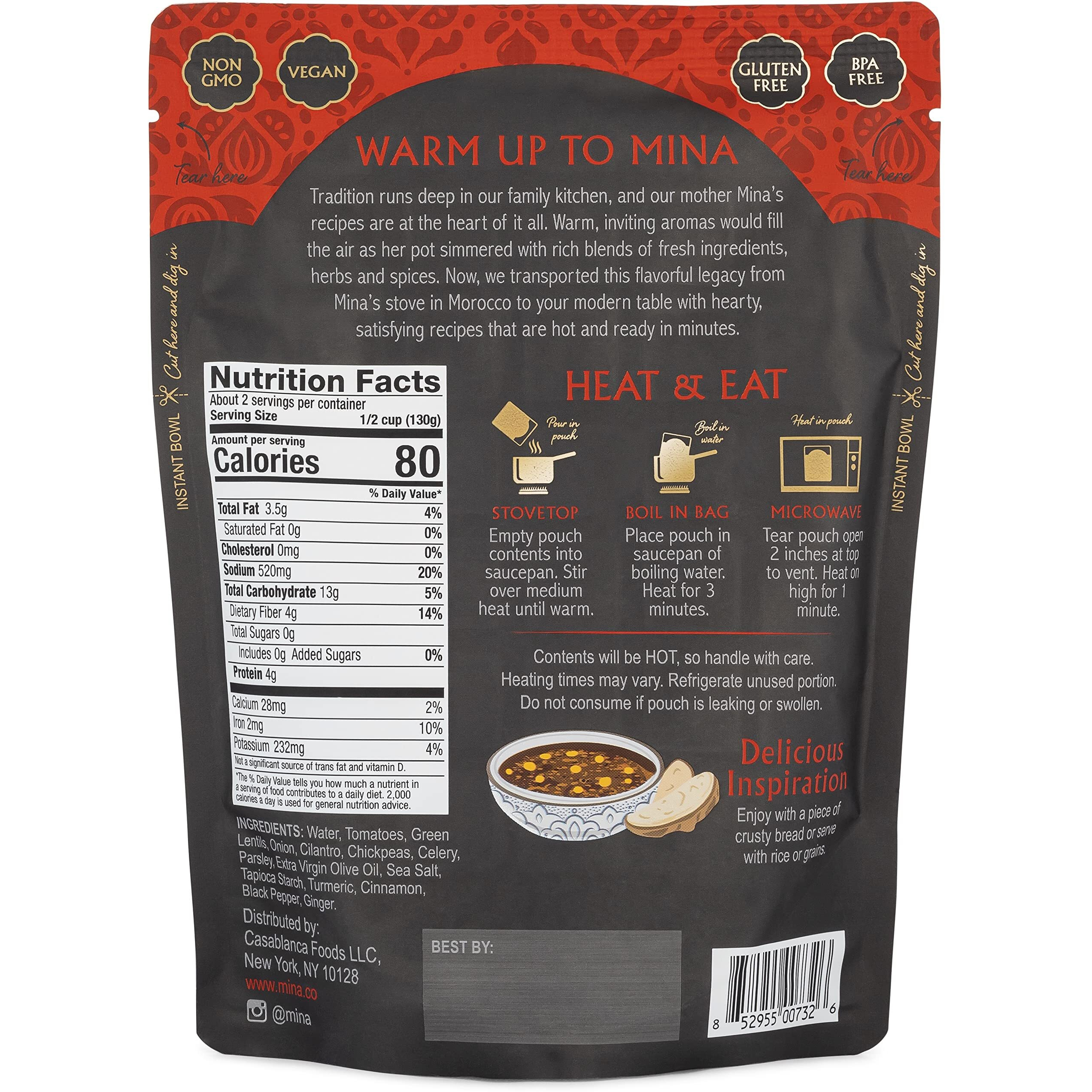 Mina Harira, Moroccan Chickpea & Lentil Soup, Ready To Eat Meals,10 Oz Gluten Free Soup, High In Plant Based Protein, Microwavable Soup, Vegan, Non-Gmo, Packaged Meals & Side Dishes (Pack Of 6)