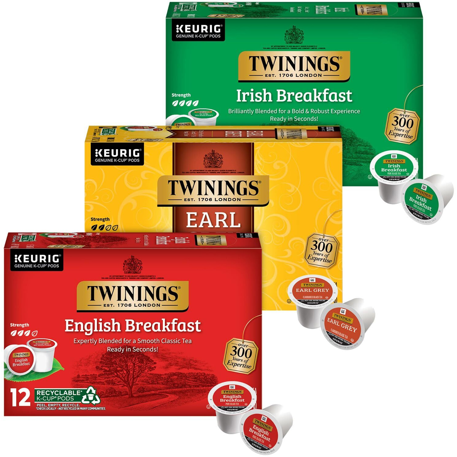 Twinings Black Tea K-Cup Pods For Keurig, Variety 3-Pack - Earl Grey, English Breakfast, And Irish Breakfast Tea K-Cups, Caffeinated, 12 Count Each