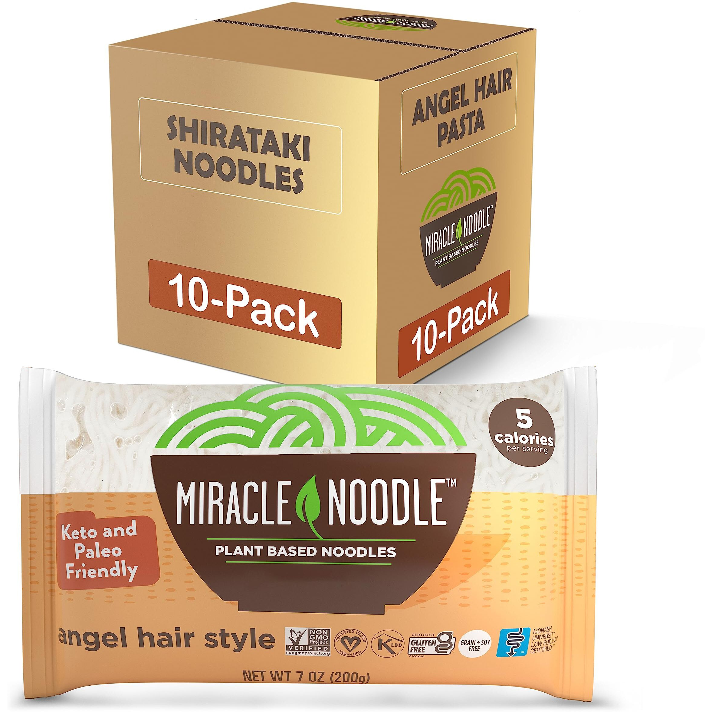 Miracle Noodle Angel Hair Pasta - Plant Based Shirataki Noodles, Konjac Noodles, Vegan, Gluten-Free, Low Carb Pasta, Paleo, Low Calorie Noodles, Soy Free, Non-Gmo, Keto Pasta Noodles - 7 Oz, 10-Pack