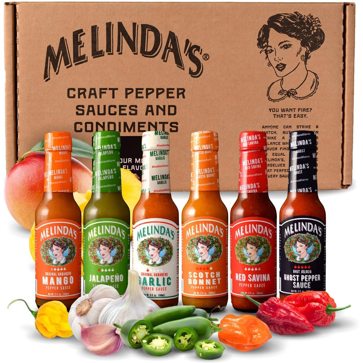 Melindas Chef Figs Heat & Flavor Collection - Gourmet Hot Sauce Gift Set With A Variety Of Flavors & Spice Levels - Includes Ghost, Mango, Garlic, Red Savina, Scotch Bonnet, Jalapeo - 5 Oz, 6 Pack