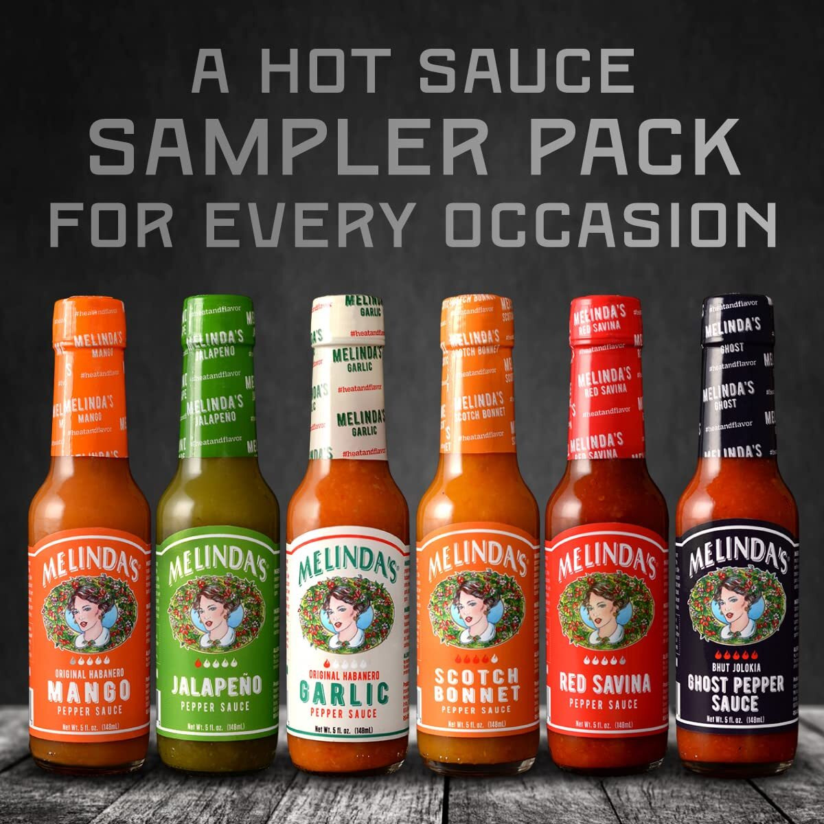 Melindas Chef Figs Heat & Flavor Collection - Gourmet Hot Sauce Gift Set With A Variety Of Flavors & Spice Levels - Includes Ghost, Mango, Garlic, Red Savina, Scotch Bonnet, Jalapeo - 5 Oz, 6 Pack