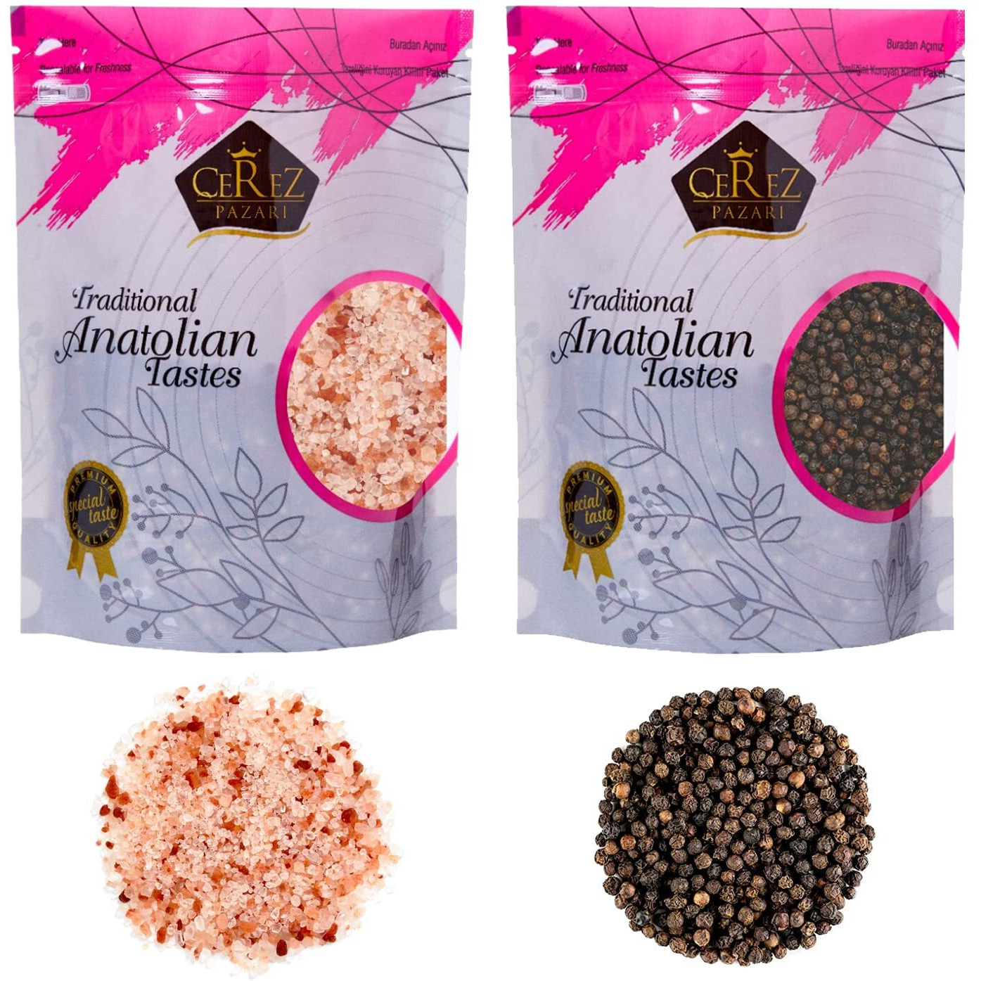 Cerez Pazari Whole Black Peppercorns 12Oz, Himalayan Pink Salt (Coarse Grain) 2 Lbs, Premium Quality, Freshly Packed For Grinder Refill, Resealable Bulk Bag, Non-Gmo And Gluten Free