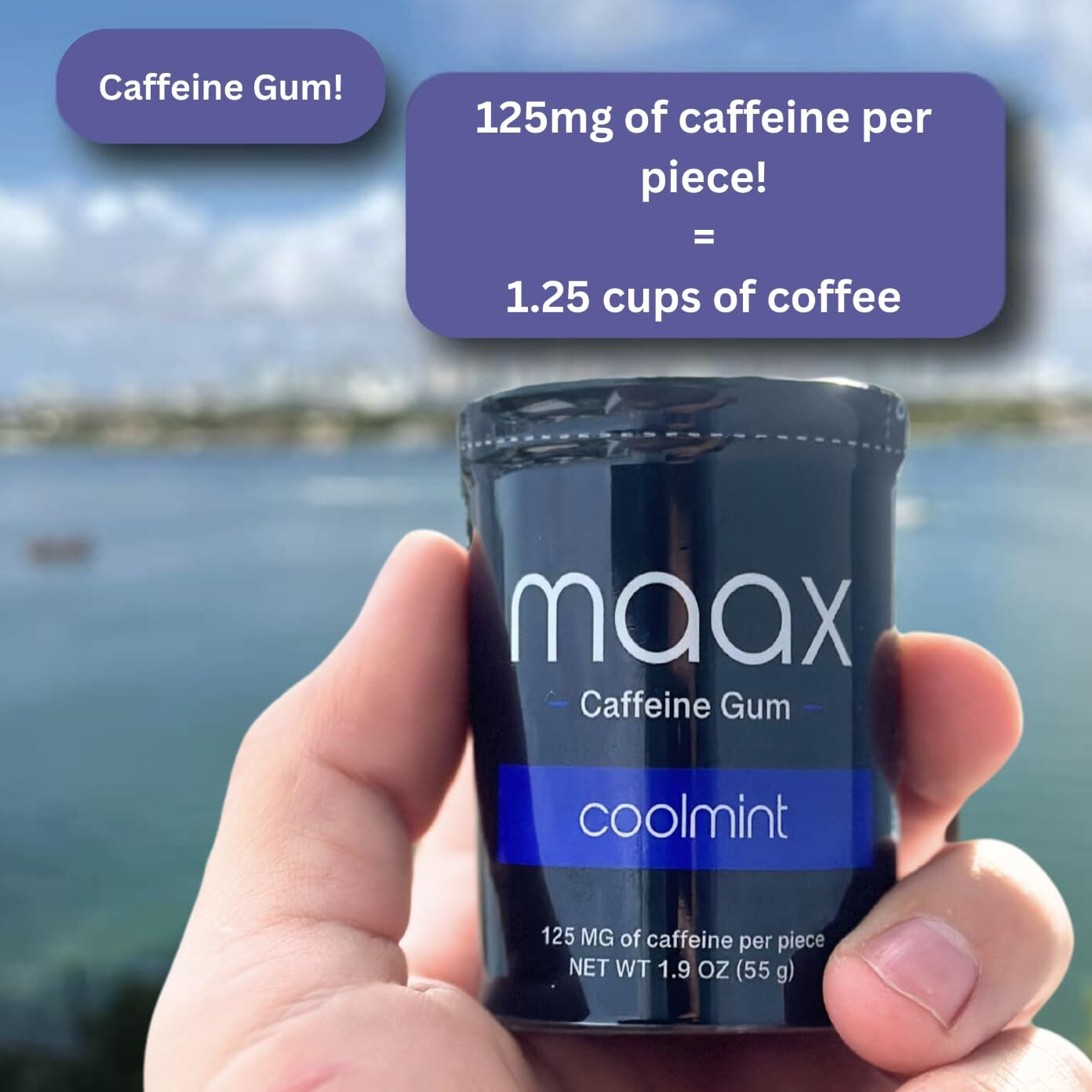 Maax Caffeine Energy Gum | 125Mg Of Caffeine Per Piece | Coolmint | 25 Pieces Per Container | Focus Supplement
