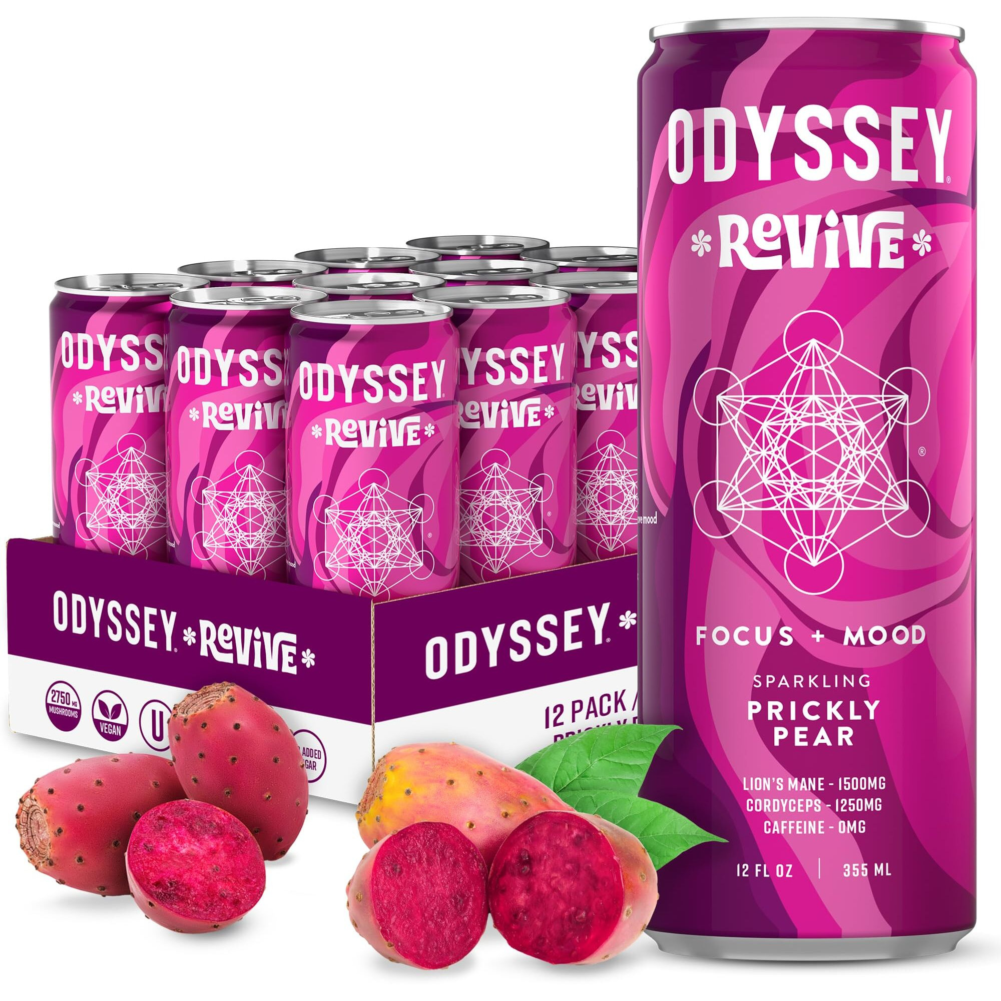 Odyssey Revive Sparkling Hydration Drink W/L Theanine, Lions Mane, Cordyceps And Electrolytes, Caffeine Free Natural Energy Drinks, Vegan, Non-Gmo, Prickly Pear Flavor, 12 Fl Oz, 12 Pack