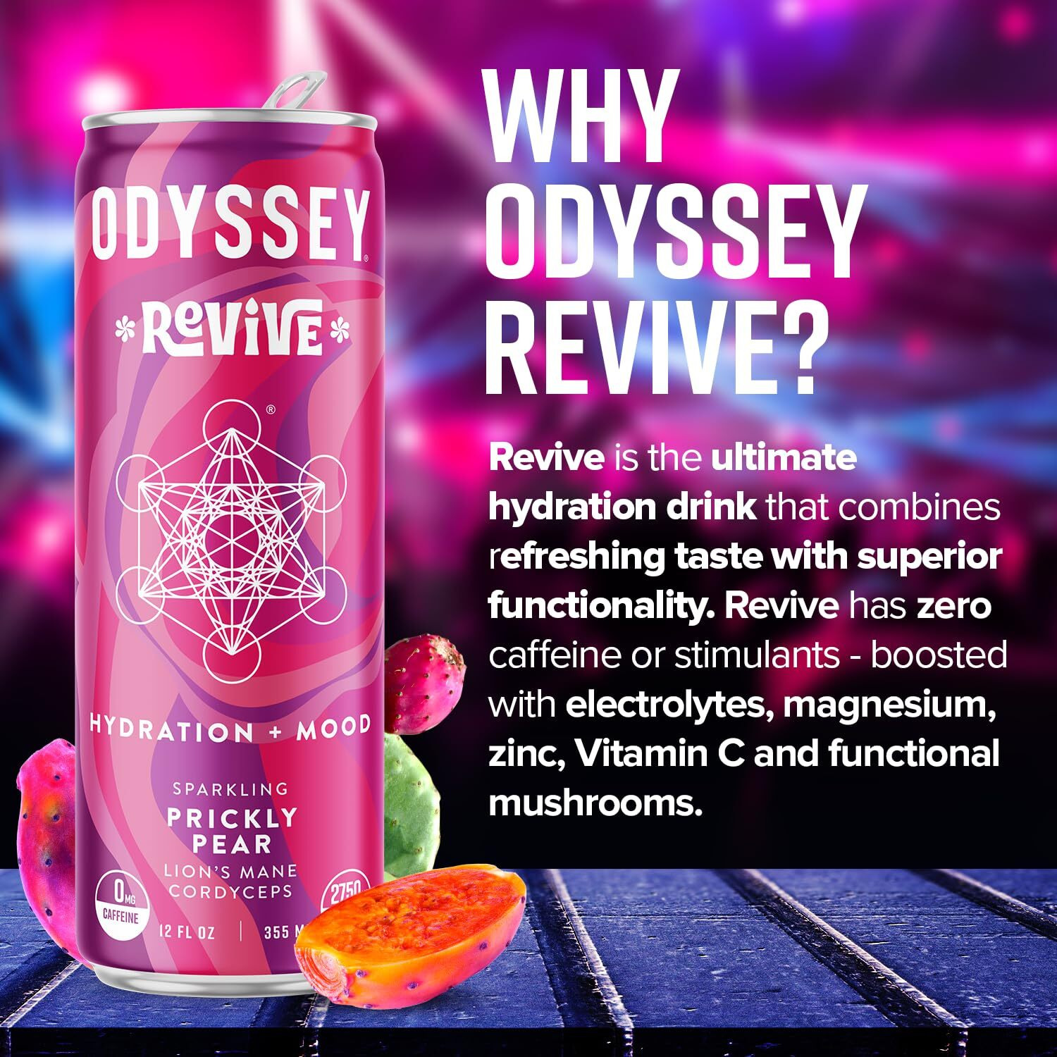 Odyssey Revive Sparkling Hydration Drink W/L Theanine, Lions Mane, Cordyceps And Electrolytes, Caffeine Free Natural Energy Drinks, Vegan, Non-Gmo, Prickly Pear Flavor, 12 Fl Oz, 12 Pack