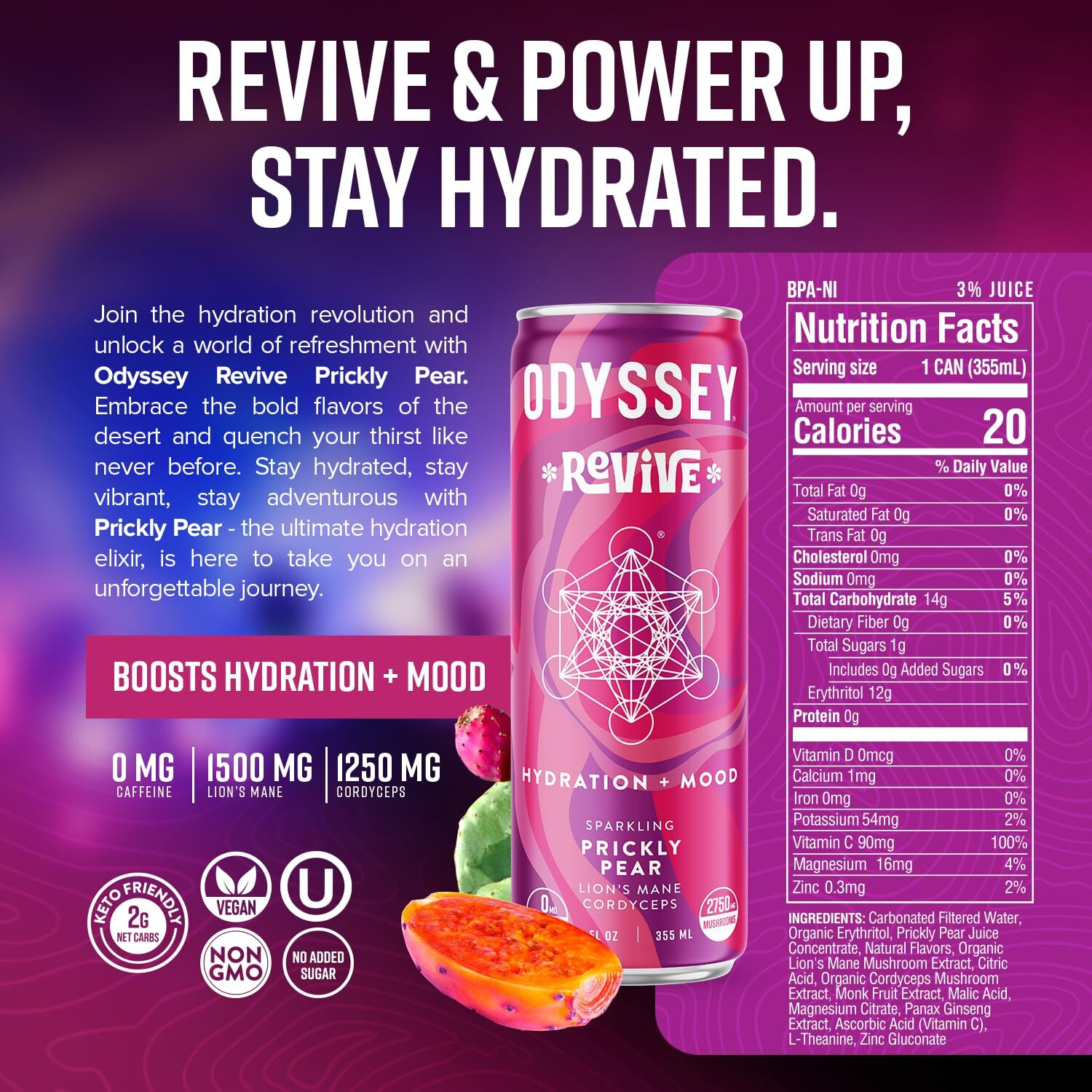 Odyssey Revive Sparkling Hydration Drink W/L Theanine, Lions Mane, Cordyceps And Electrolytes, Caffeine Free Natural Energy Drinks, Vegan, Non-Gmo, Prickly Pear Flavor, 12 Fl Oz, 12 Pack