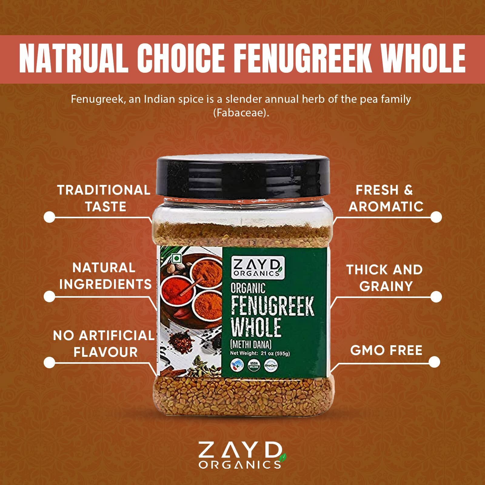 Zayd Organic Fenugreek Seeds | 1.3 Lb | Whole Methi Seeds, Usda Organic, 1.3 Lb (595G)