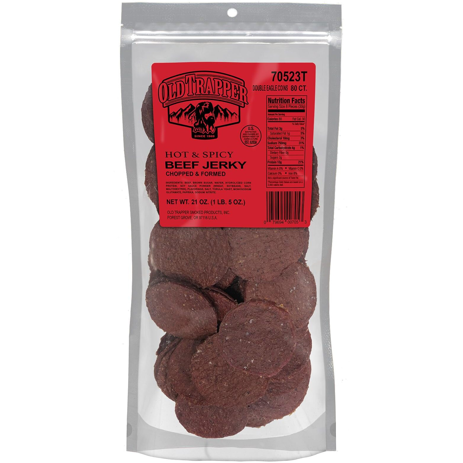Old Trapper Double Eagle Beef Jerky, Hot & Spicy Flavor, 21Oz. 80-Count Package, Natural Wood Smoked Meat Snacks, 10 Grams Of Protein And 80 Calories Per Serving (Pack Of One)