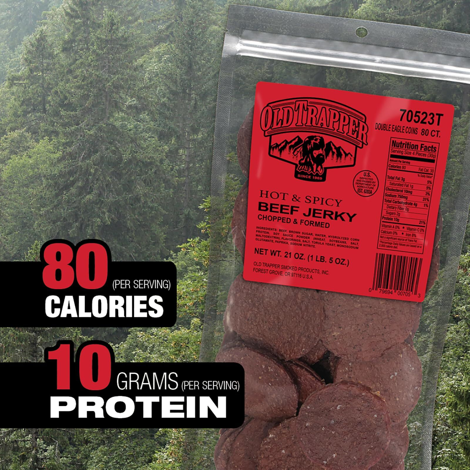 Old Trapper Double Eagle Beef Jerky, Hot & Spicy Flavor, 21Oz. 80-Count Package, Natural Wood Smoked Meat Snacks, 10 Grams Of Protein And 80 Calories Per Serving (Pack Of One)