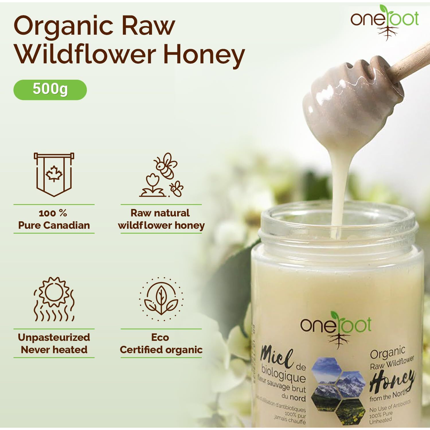 Oneroot 100% Organic Canadian Flower Honey - 17.6 Oz/1.1 Lbs, White Honey Wildflower Unfiltered, Unheated & Creamed, Nutrient Rich Raw Wildflower Honey With Enzymes, Thick Natural Sweetener