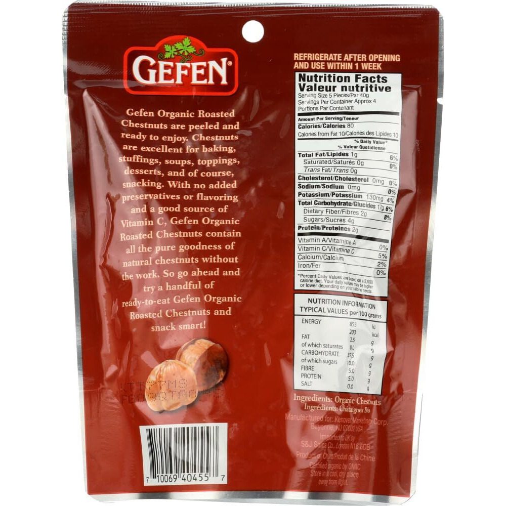 Gefen Organic Whole Peeled And Roasted Chestnuts, 5.2Oz (10 Pack) | Chestnuts Peeled And Ready To Eat | Great For Cooking & Baking | Gluten Free | Kosher