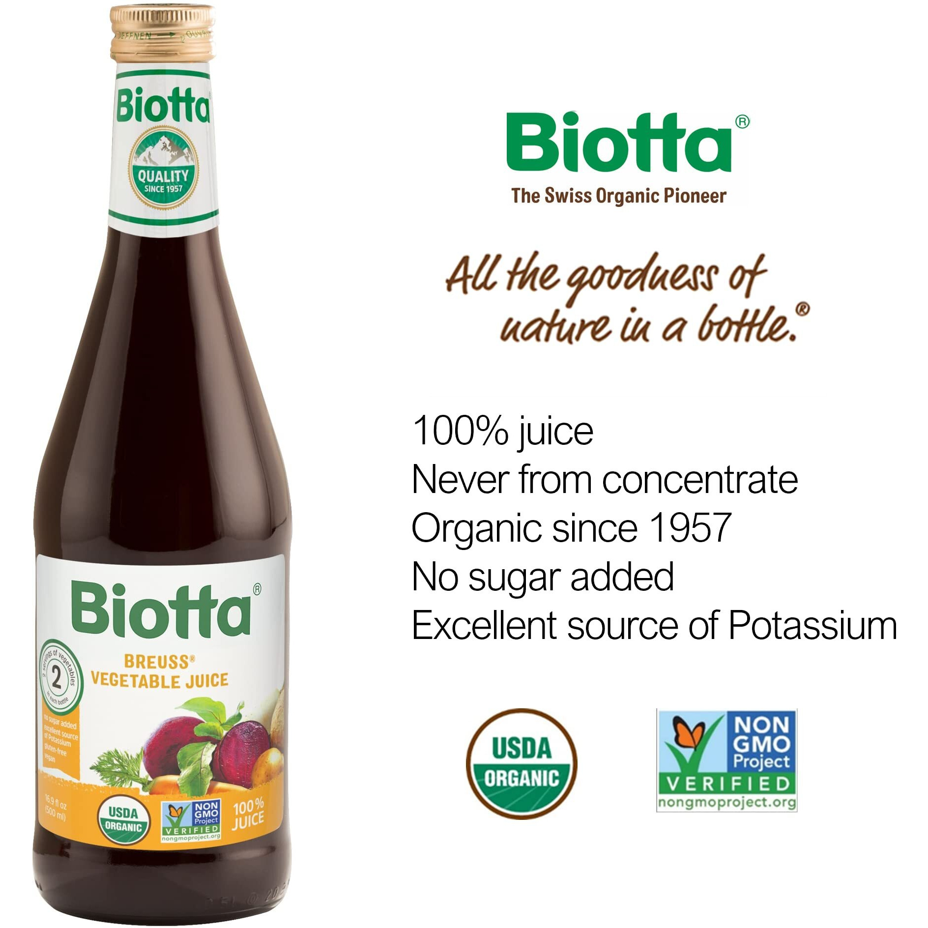 Biotta Organic Breuss Juice - 100% Juice Superfood- Help Improve Overall Wellness - Excellent Source Of Potassium (16.9 Fl Oz, Pk Of 6) (Breuss Vegetable)