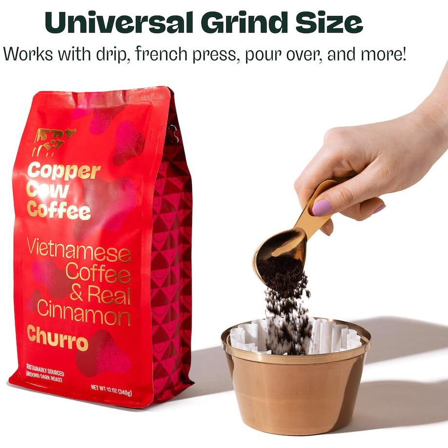 Copper Cow Coffee Premium Vietnamese Coffee Ground Churro Coffee, Flavored With Real Ground Cinnamon, Woman-Owned, Gourmet, Specialty, Use For Hot Or Cold Brew, Dark Roast, Universal Grind, 24Oz Bag