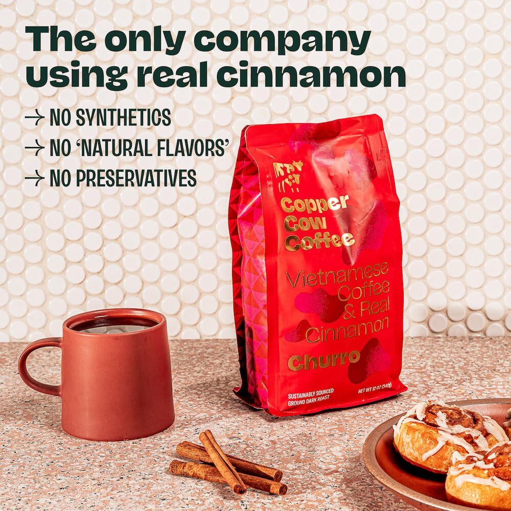 Copper Cow Coffee Premium Vietnamese Coffee Ground Churro Coffee, Flavored With Real Ground Cinnamon, Woman-Owned, Gourmet, Specialty, Use For Hot Or Cold Brew, Dark Roast, Universal Grind, 24Oz Bag