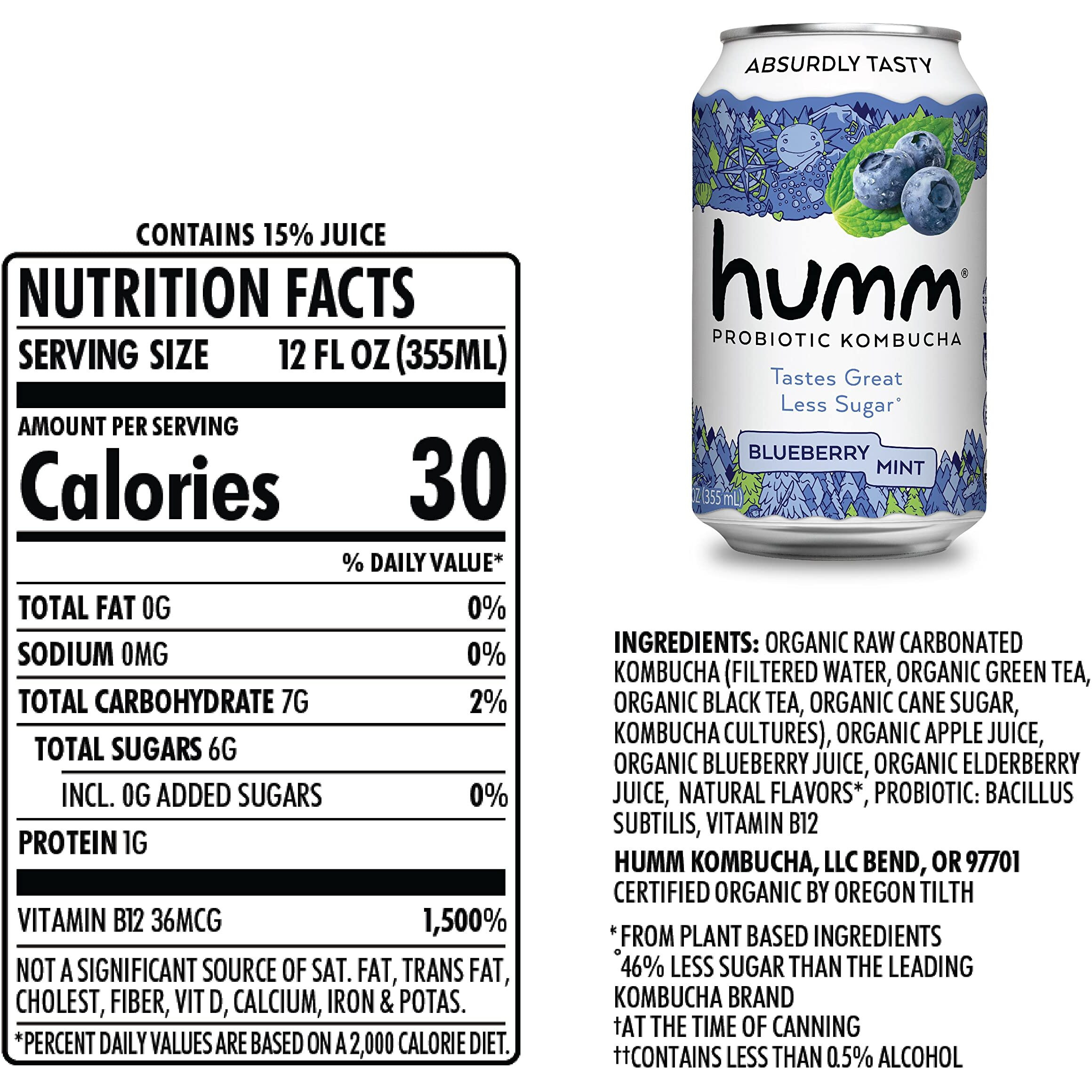 Humm Kombucha Blueberry Mint, Organic, Vegan & Gmo Free (12 Pack)