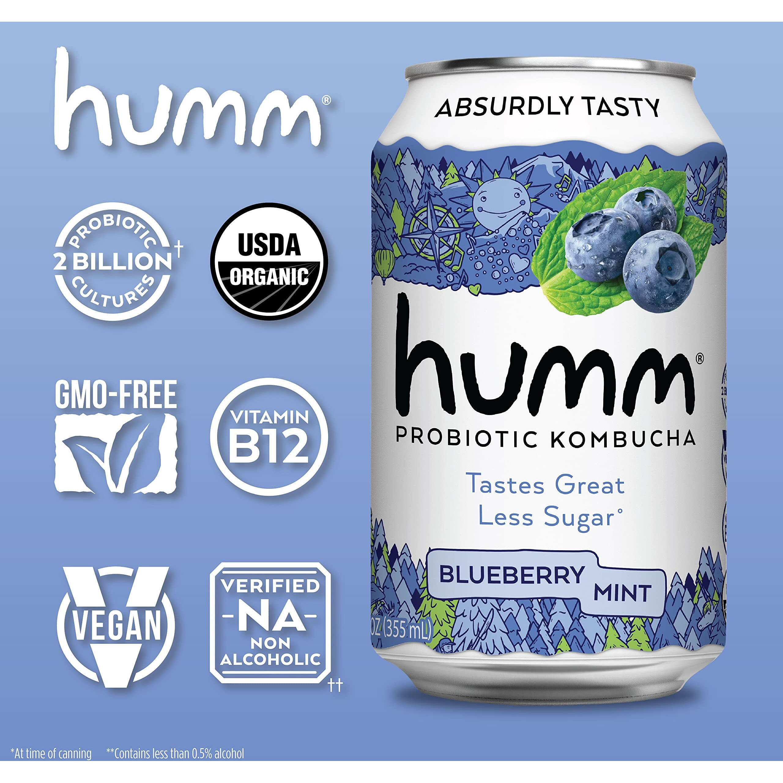 Humm Kombucha Blueberry Mint, Organic, Vegan & Gmo Free (12 Pack)