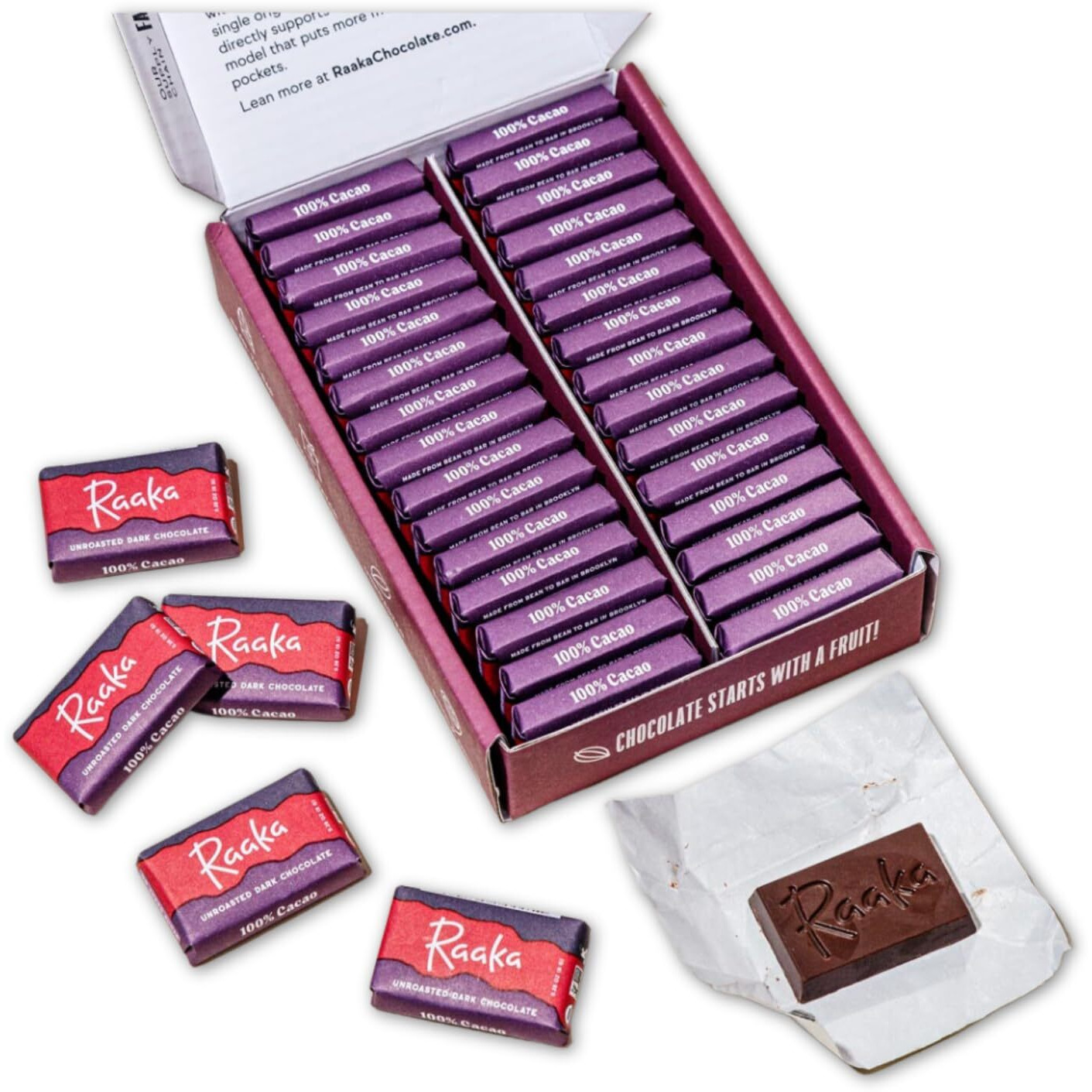 Raaka 100% Dark Chocolate Gift Box | Unsweetened, No Sugar Added Chocolate | Organic, Vegan, Gluten Free, Paleo | Box Of 30 Individually Wrapped Chocolates