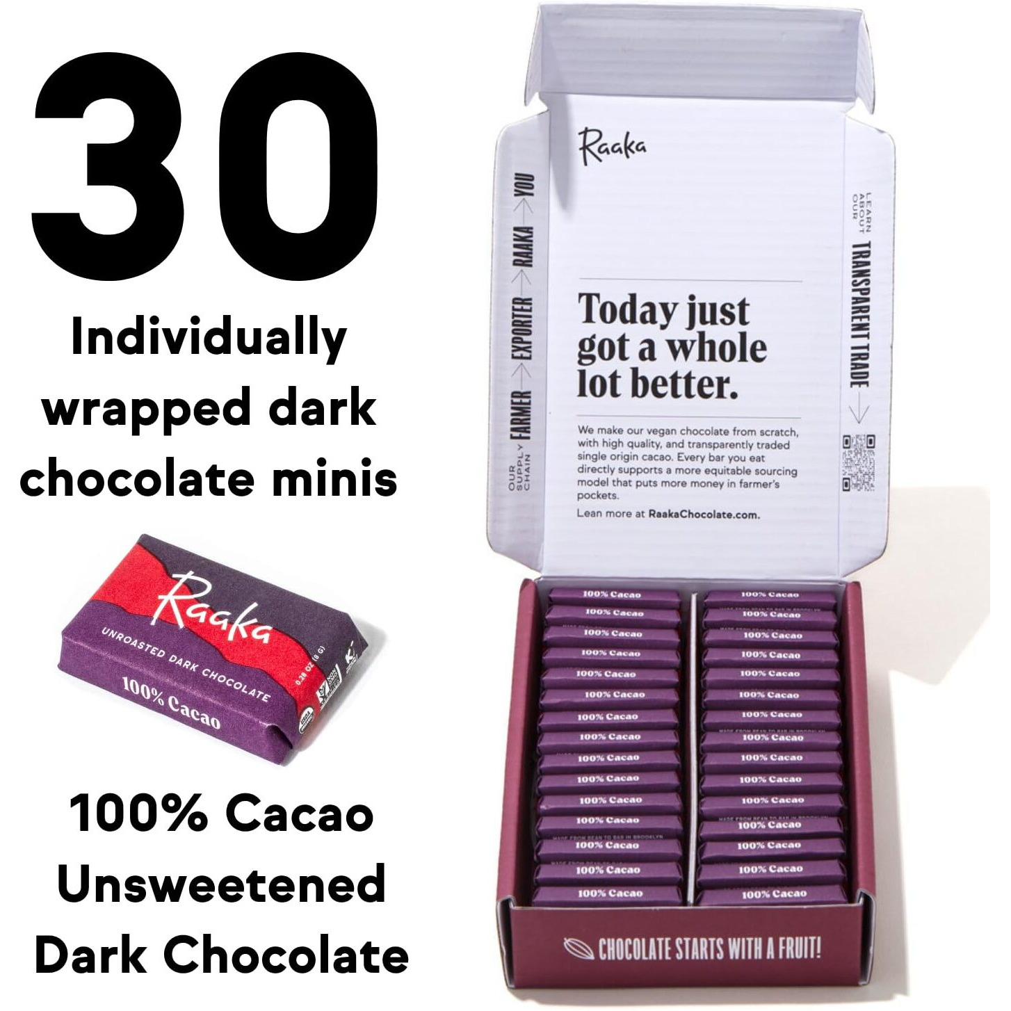 Raaka 100% Dark Chocolate Gift Box | Unsweetened, No Sugar Added Chocolate | Organic, Vegan, Gluten Free, Paleo | Box Of 30 Individually Wrapped Chocolates
