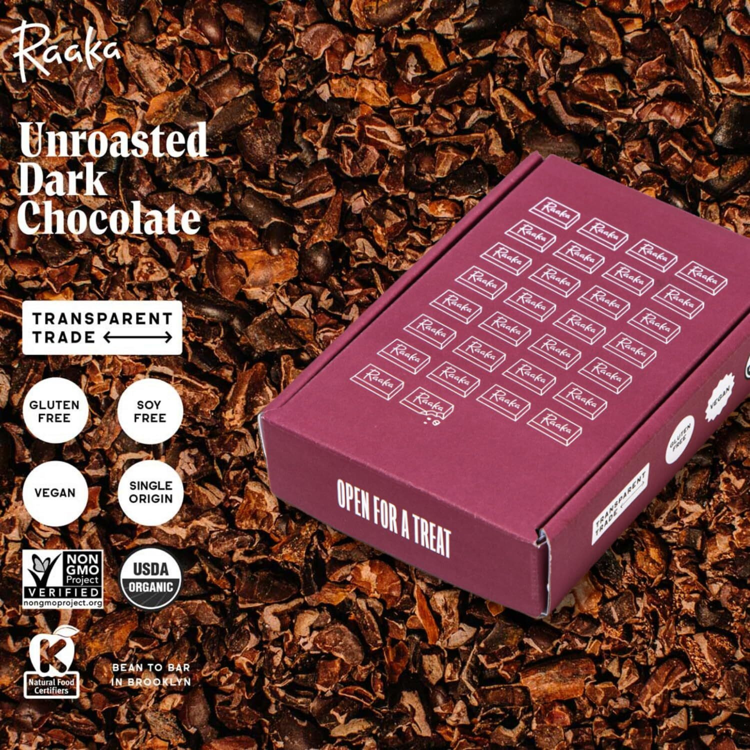 Raaka 100% Dark Chocolate Gift Box | Unsweetened, No Sugar Added Chocolate | Organic, Vegan, Gluten Free, Paleo | Box Of 30 Individually Wrapped Chocolates
