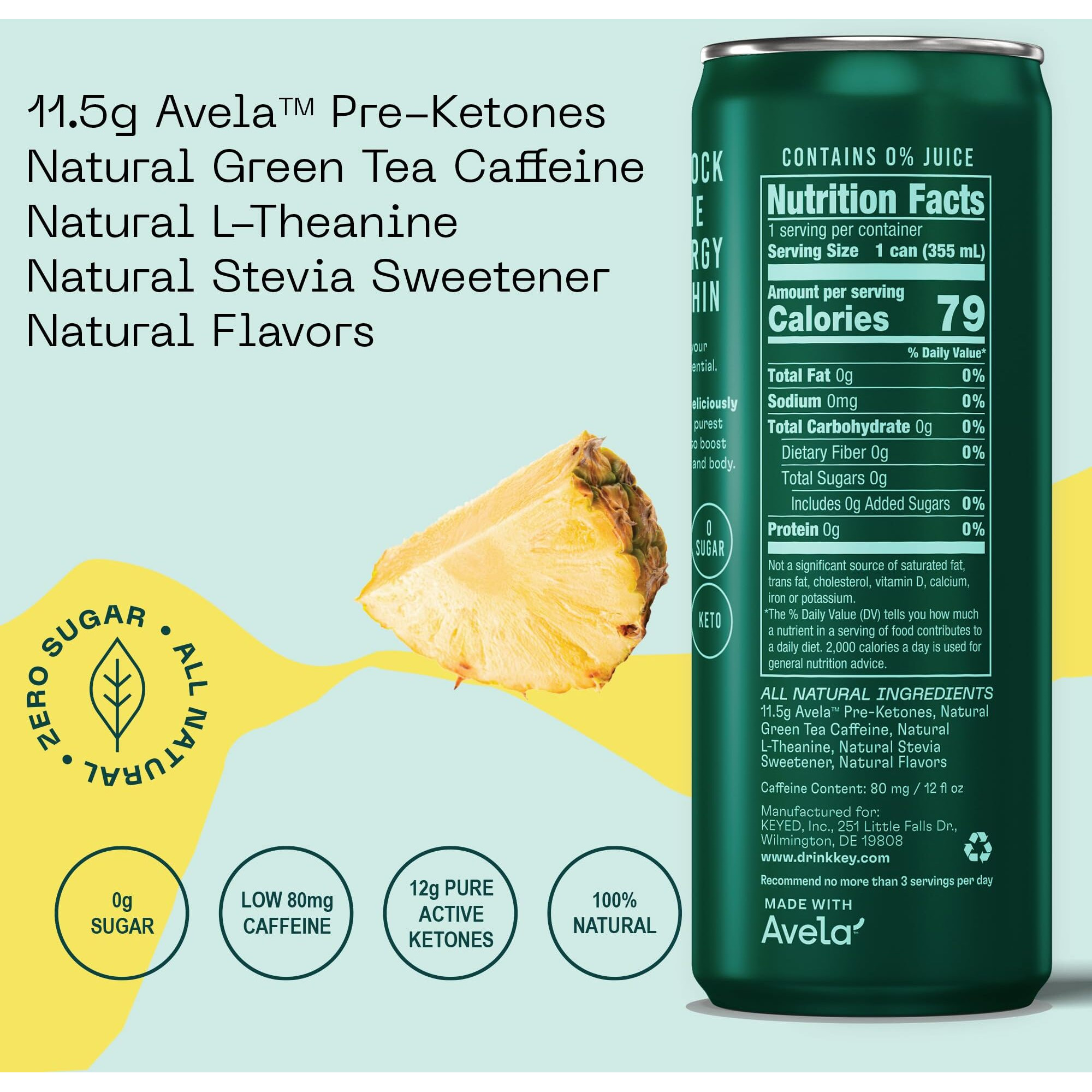 Key Ketone Energy Drink  Sugar Free, 80Mg Low Caffeine, All Natural, 11.5G Ketones, Long Lasting Energy, Green Tea & L-Theanine For Mental Focus, Pineapple Passionfruit (Pack Of 12)