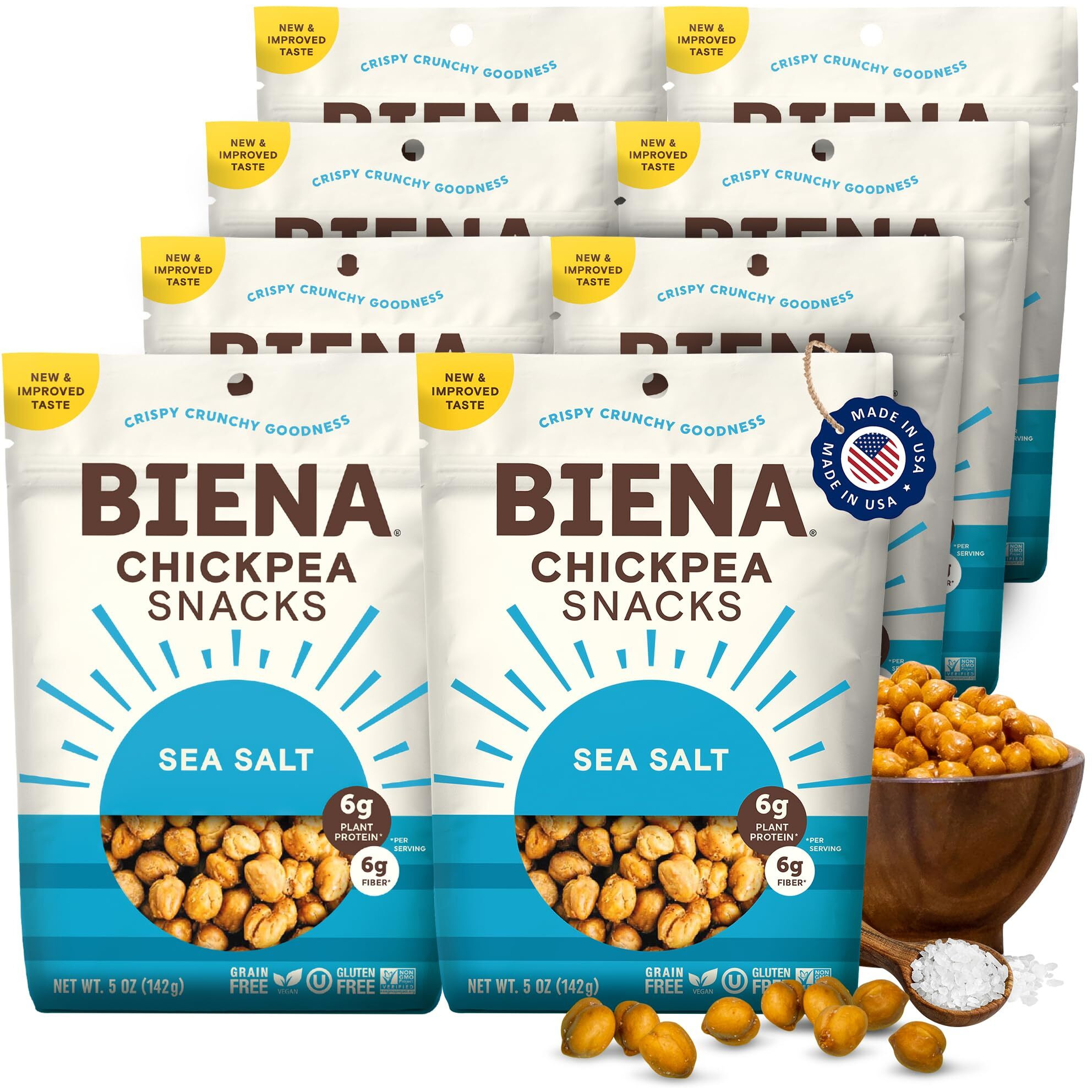 Biena Chickpea Snacks - Crunchy Roasted Chickpeas - High Fiber Vegan Protein Snacks For Adults And Kids - 8-Pack, 5 Ounce Bags - Sea Salt
