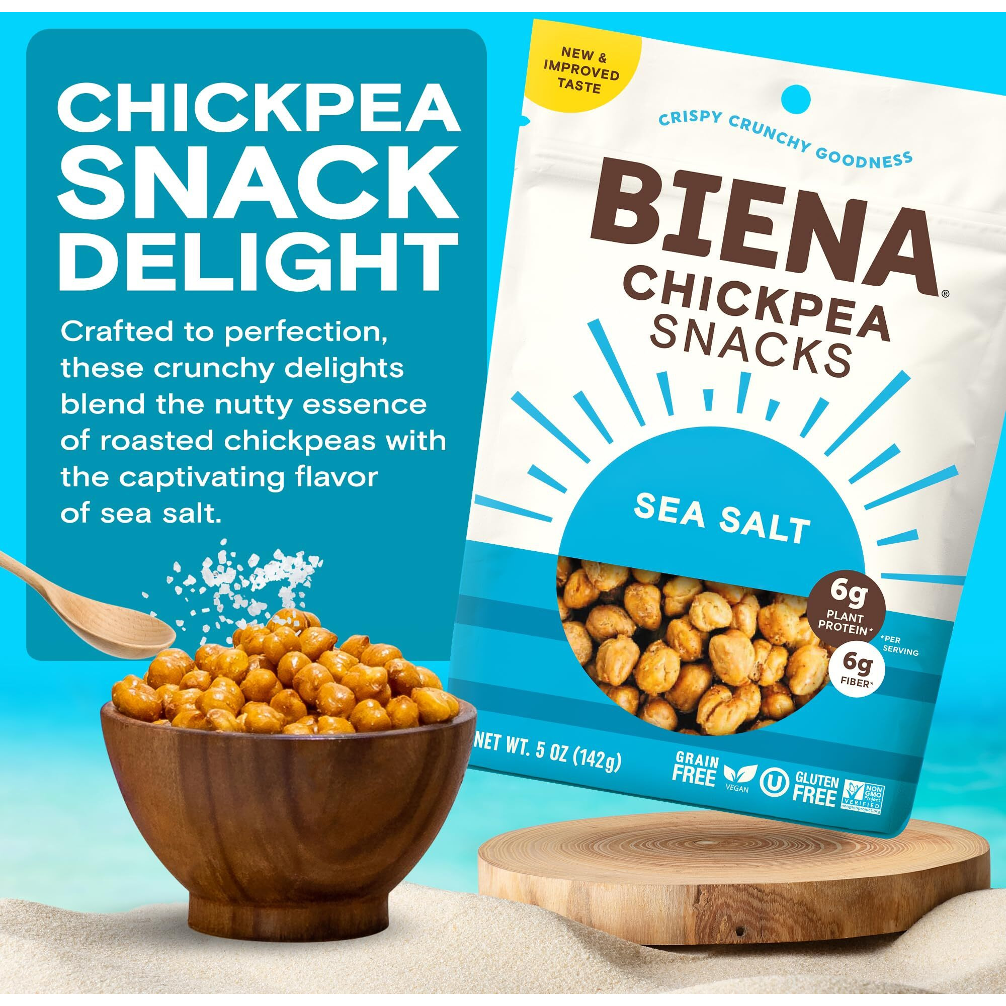 Biena Chickpea Snacks - Crunchy Roasted Chickpeas - High Fiber Vegan Protein Snacks For Adults And Kids - 8-Pack, 5 Ounce Bags - Sea Salt