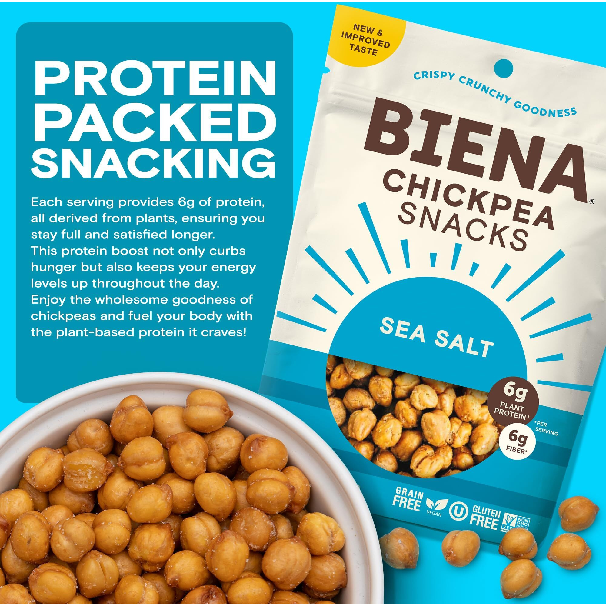 Biena Chickpea Snacks - Crunchy Roasted Chickpeas - High Fiber Vegan Protein Snacks For Adults And Kids - 8-Pack, 5 Ounce Bags - Sea Salt
