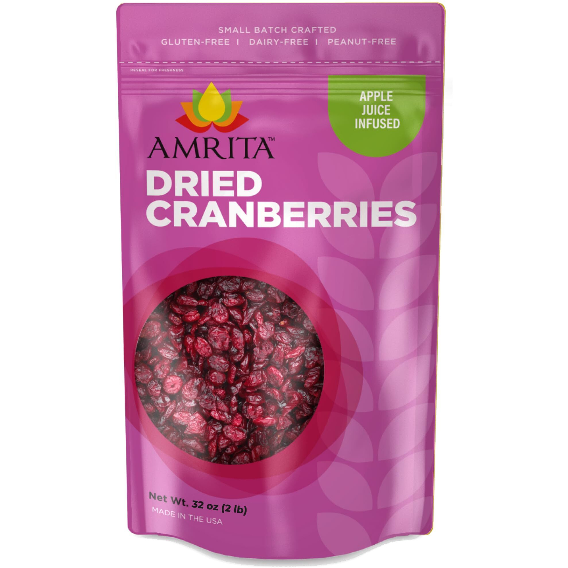 Amrita Dried Cranberries 2 Lb | Sweetened With Apple Juice, Unsulfured, Gluten Free, Non-Gmo, No Preservatives | Packed Fresh In Resealable Bags | Fruit Snacks, Salads, Baking